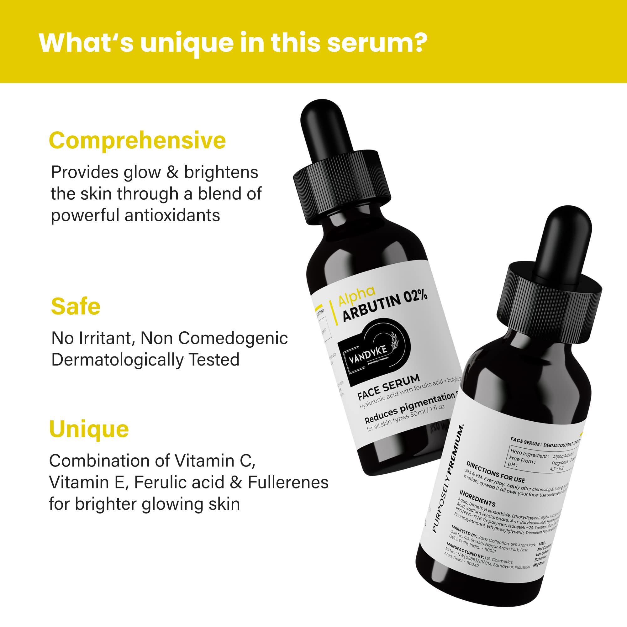 Vandyke 2% Alpha Arbutin Brightening Serum for Dark Spots, Hyperpigmentation & Acne Scars - 30ml | Skin Lightening Treatment for Face | Perfect for Daily Skincare Routine & Nighttime Use