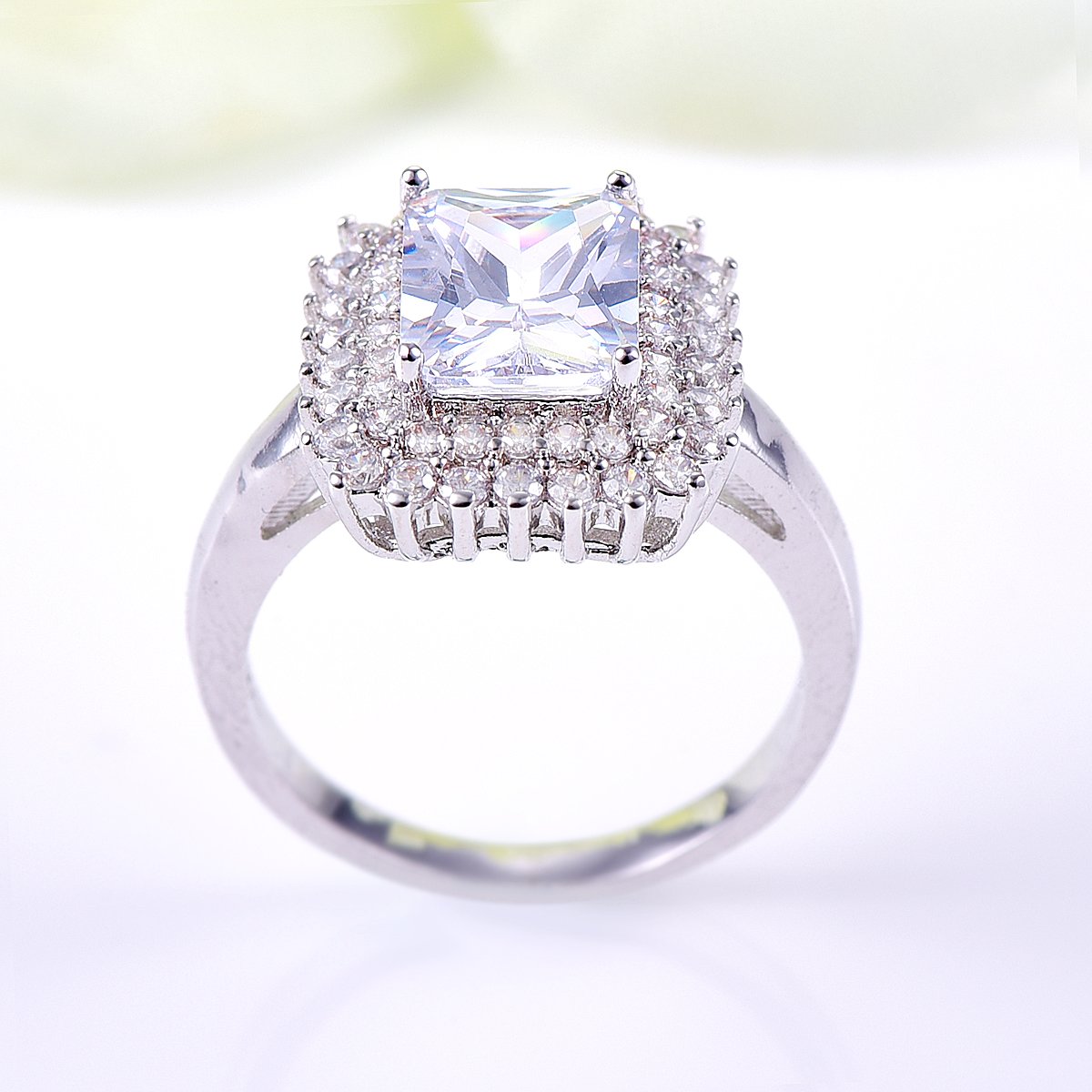 925 Sterling Silver Plated Rainbow Topaz Double Halo Ring for Women - Elegant Simulated Gemstone Jewelry for Engagement, Anniversary & Special Occasions