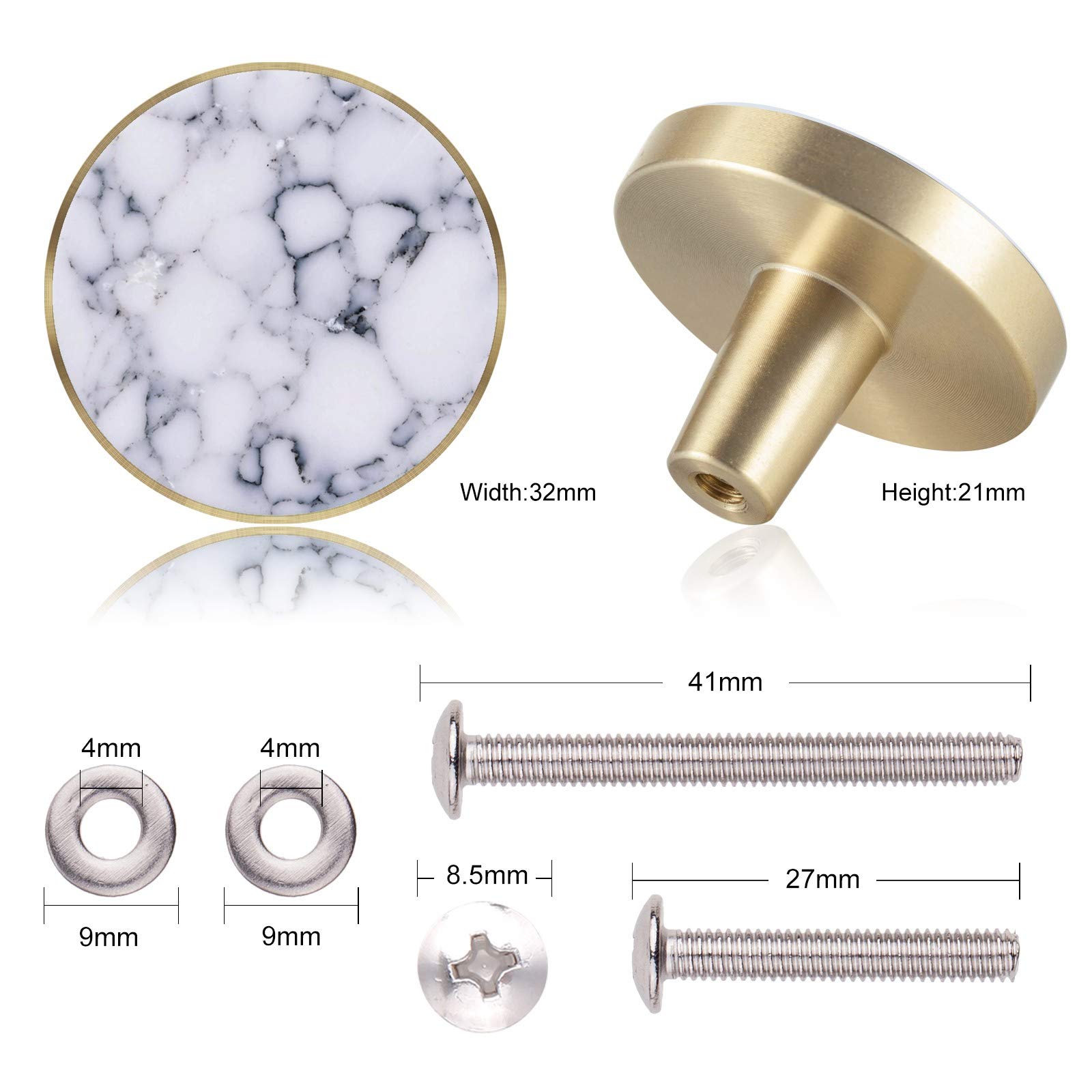 Amogeeli 2-Pack Round Flat Stone Brass Cabinet Knobs with Screws - Modern White Locker Pull Handles for Drawers, Cabinets & Furniture (Kitchen, Bathroom, Office)