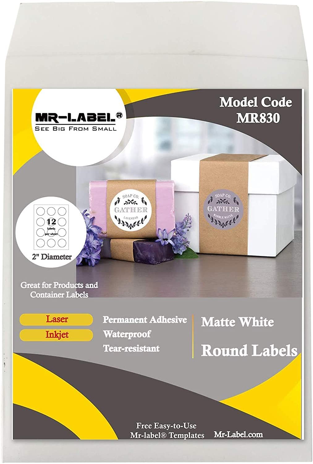 Mr-Label 2 Inch Round White Synthetic Paper Stickers - Waterproof & Tear-Resistant Labels for Inkjet & Laser Printers - Perfect for Food Packaging, Bottles, Jars & Envelopes (100 Sheets, 1200 Labels) - Ideal for Home, Office & Commercial Labeling Needs