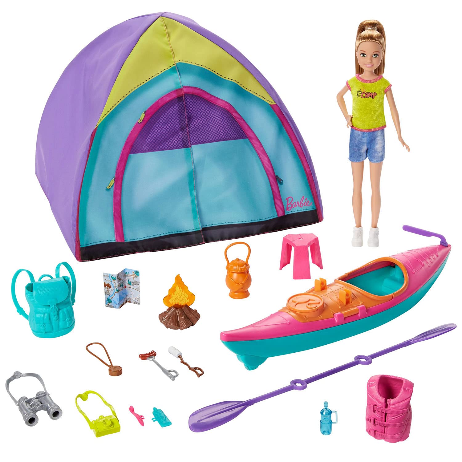 Barbie Dreamhouse Adventures Camping Set with Blonde Stacie Doll, Tent, Kayak & 15+ Accessories - Kids Outdoor Play Toy for Camping & Backyard Adventures (GJB58)