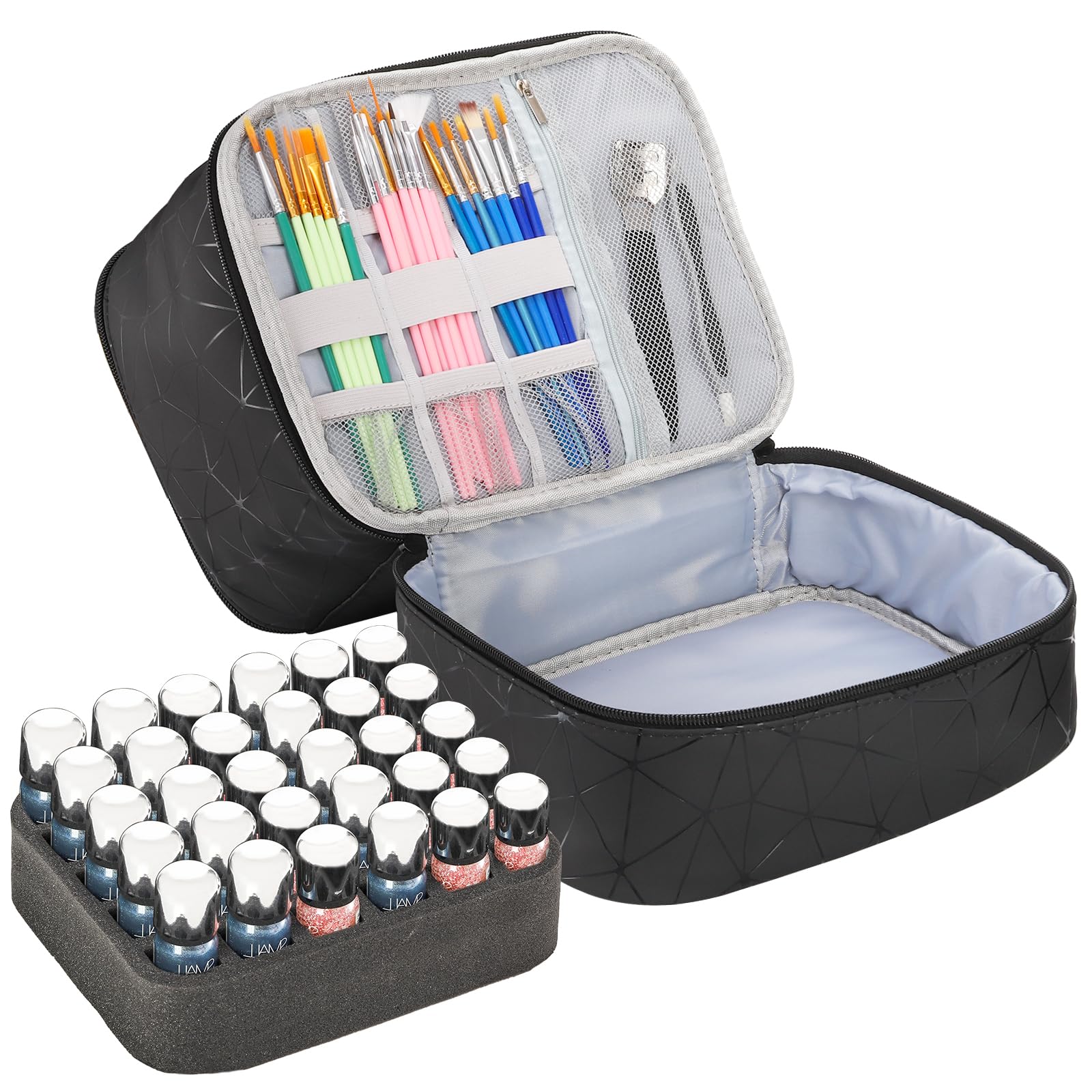 ZOOFOX Double-Layer Nail Polish Organizer Case - PU Leather Nail Polish Carrying Bag with Handle for Manicure Accessories Storage | Perfect for Salon Professionals, Travel & Home Organization