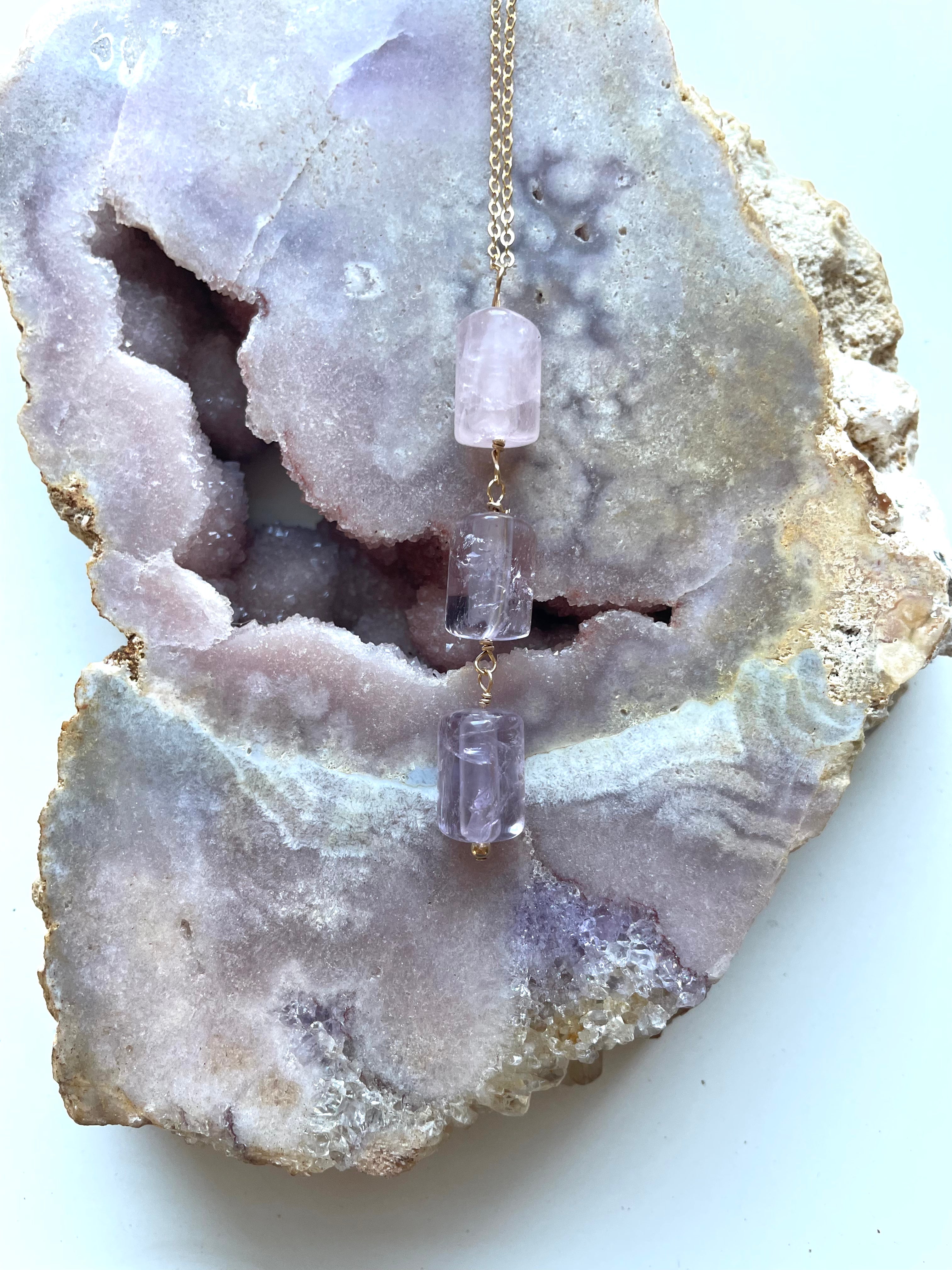Rose Quartz and Amethyst Crystal Gemstone Lariat Necklace - Elegant Healing Jewelry for Women, Perfect for Meditation, Yoga & Spiritual Gifts