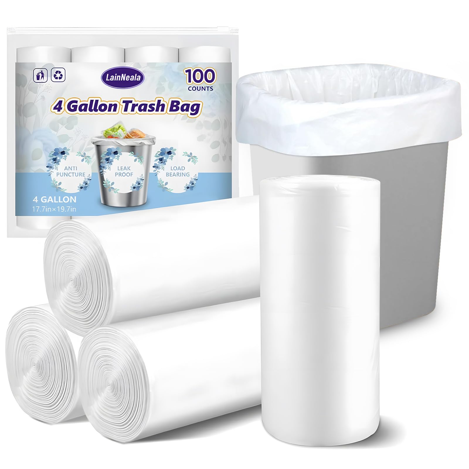 4 Gallon Small Trash Bags - 100 Count Unscented Mini Garbage Bags for Bathroom, Office, Bedroom & Car - White Small Trash Can Liners for Waste Bins & Small Spaces