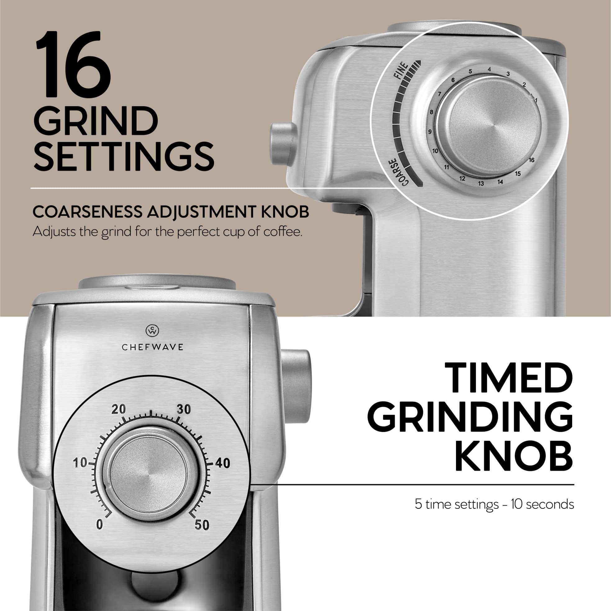 Premium Electric Coffee Grinder - ChefWave Conical Burr Grinder with 16 Adjustable Settings, Die-Cast Aluminum Body - Includes Scoop & Cleaning Brush - Perfect for French Press, Espresso & Drip Coffee - Brews 2-10 Cups - Ideal for Home Kitchens & Coffee Shops