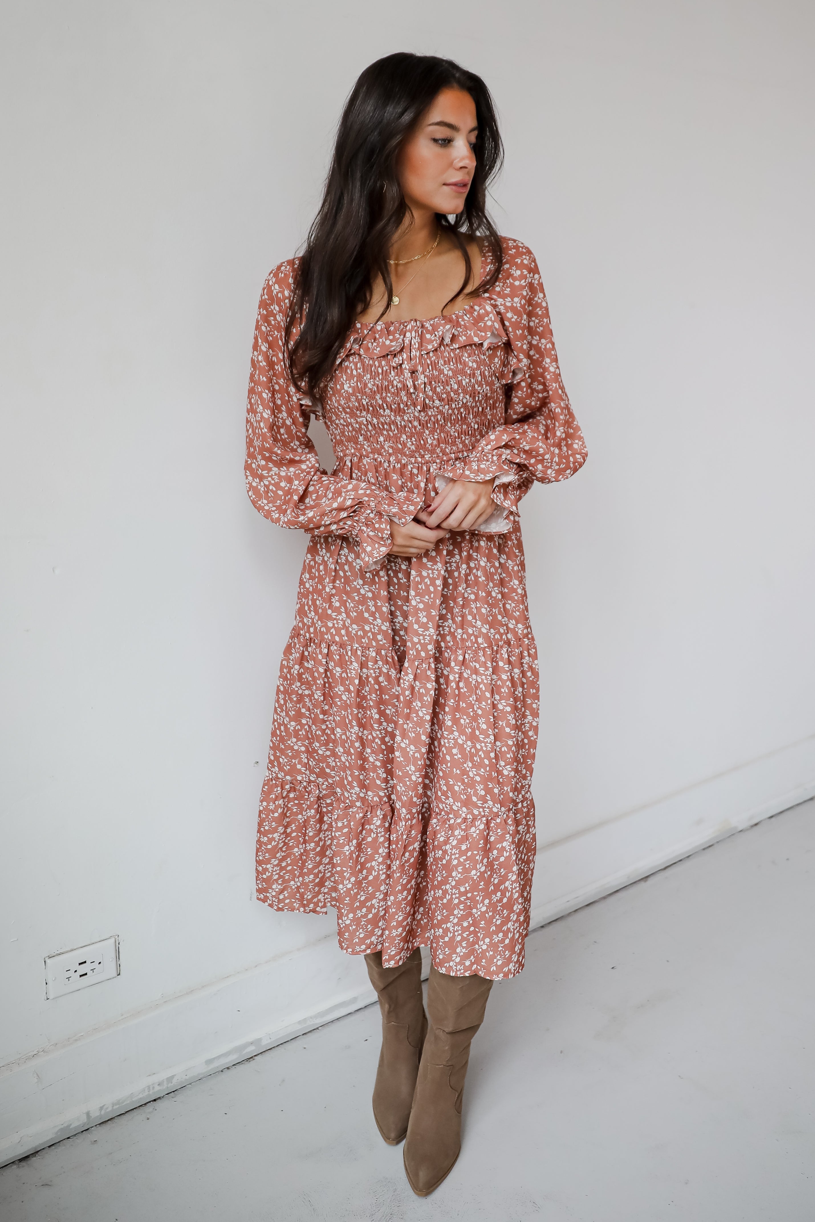 Elevated Rust Floral Midi Dress for Women - Elegant Wedding Guest & Cocktail Party Dress - Perfect for Bridal Showers, Garden Parties & Formal Events