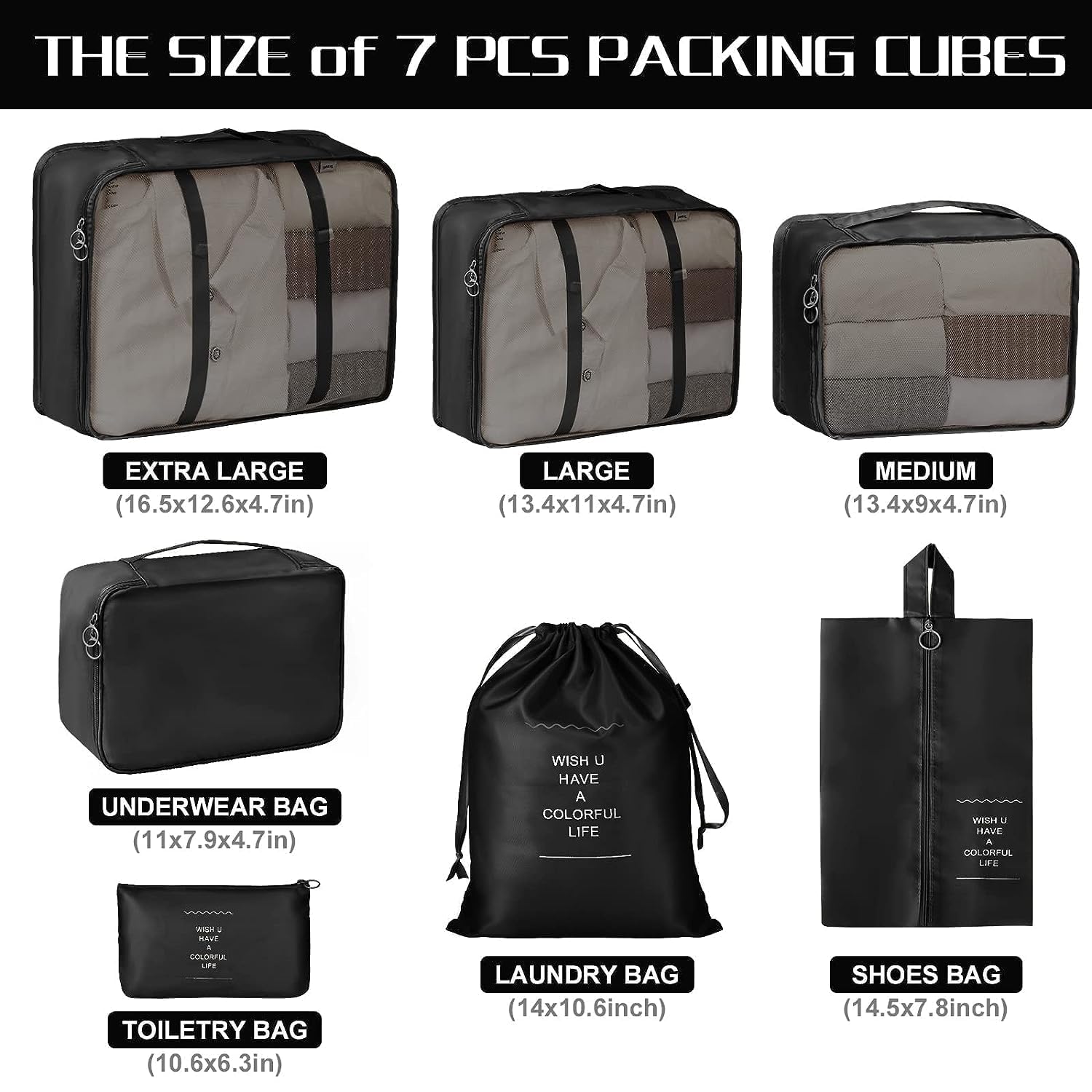 VERAT 7-Piece Travel Organizer Set - Packing Cubes for Clothes & Toiletry Bag - Lightweight Luggage Organizers for Women - Perfect for Vacations, Business Trips & Weekend Getaways (Black)