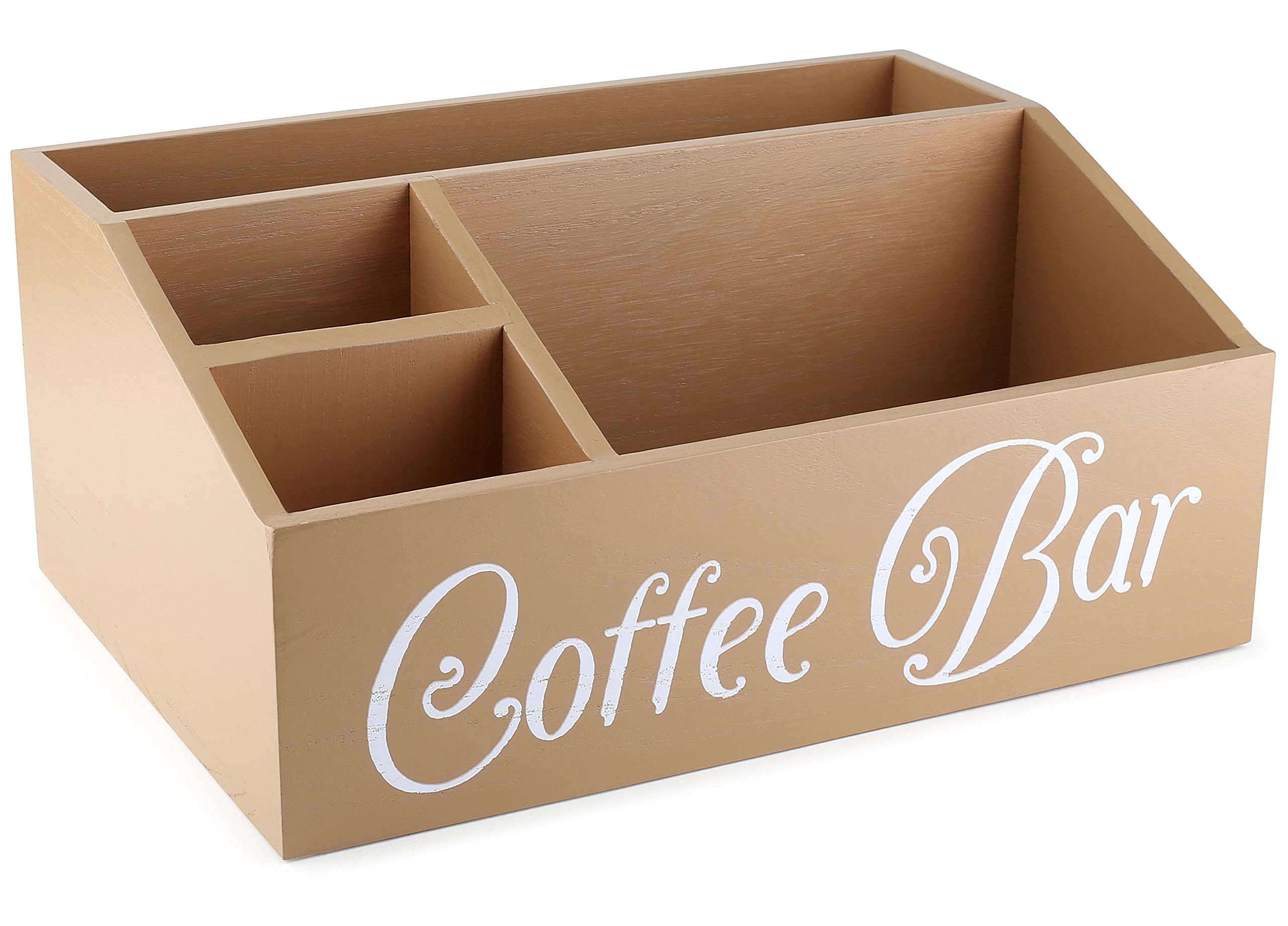 Farmhouse Style Wood Coffee Station Organizer - Countertop & Desk Coffee Bar Accessories Holder for Cups, Pods & More (Beige) | Perfect for Kitchen, Office & Home Decor