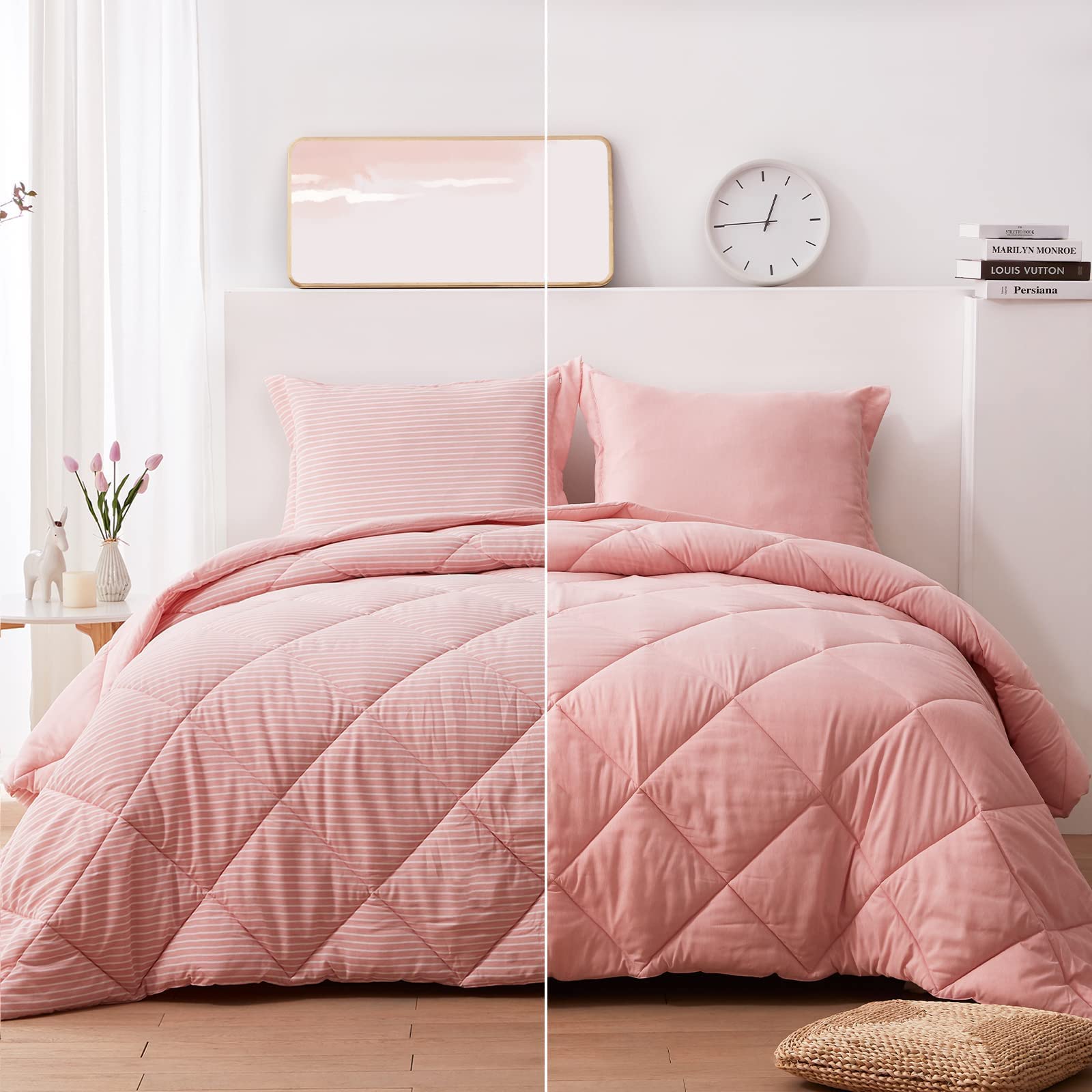 NexHome Queen Comforter Set - Reversible Pink Striped Bedding with 2 Pillow Shams (88x88 inches) | All-Season Soft Cationic Dyeing Comforter for Cozy Bedroom & Guest Room Decor