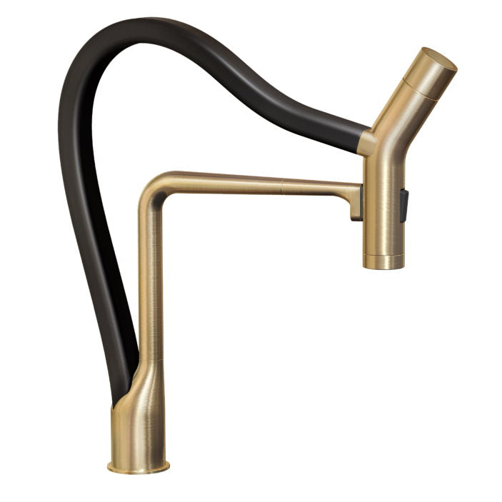 Hamat KAPO 2000 BBB Dual Function Handheld Pull Out Kitchen Faucet in Brushed Brass with Black Hose - Perfect for Modern Kitchens, Dishwashing & Food Prep