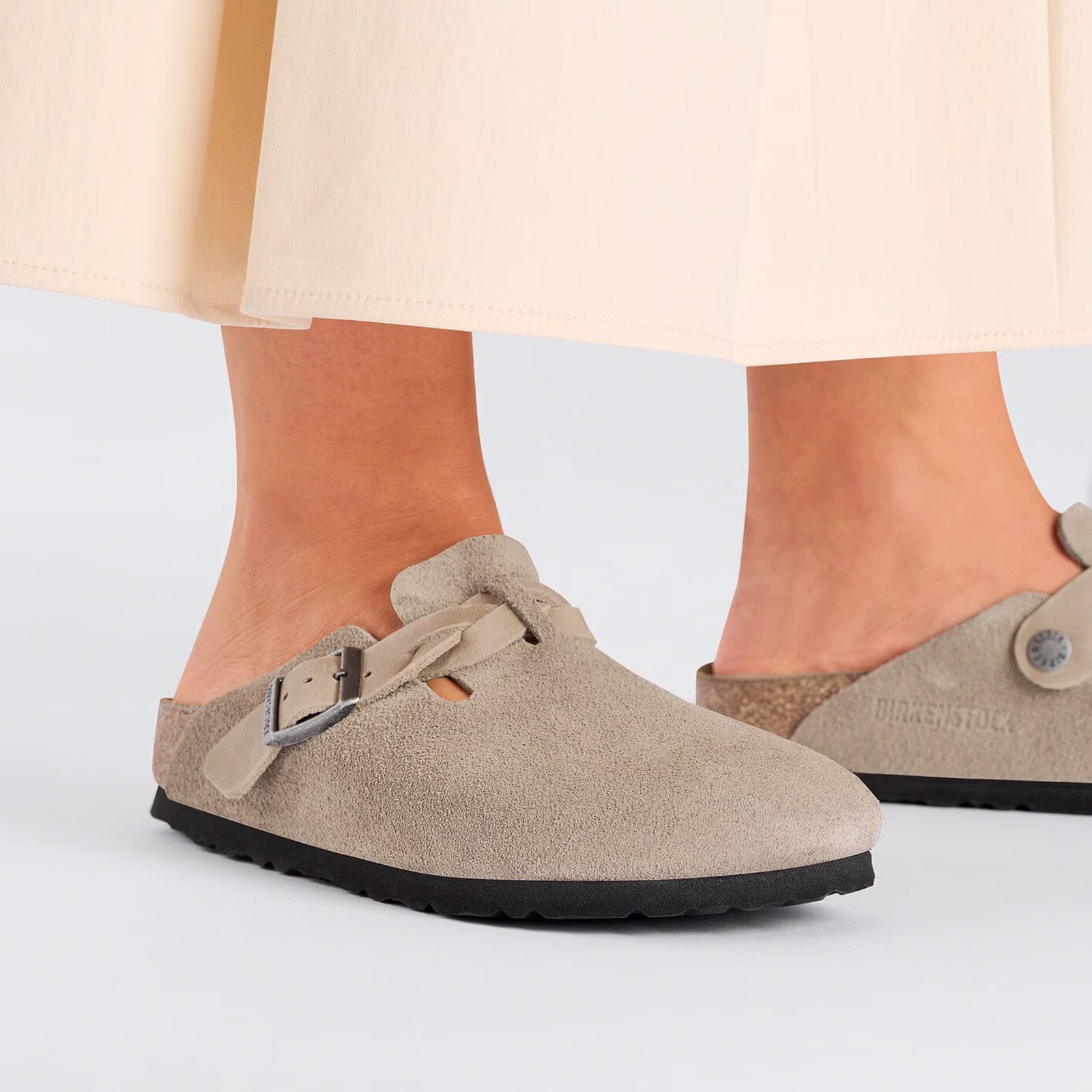 Birkenstock Boston Braid Narrow Clog for Women - Taupe Suede Comfort Shoes | Perfect for Casual Wear, Home & Office