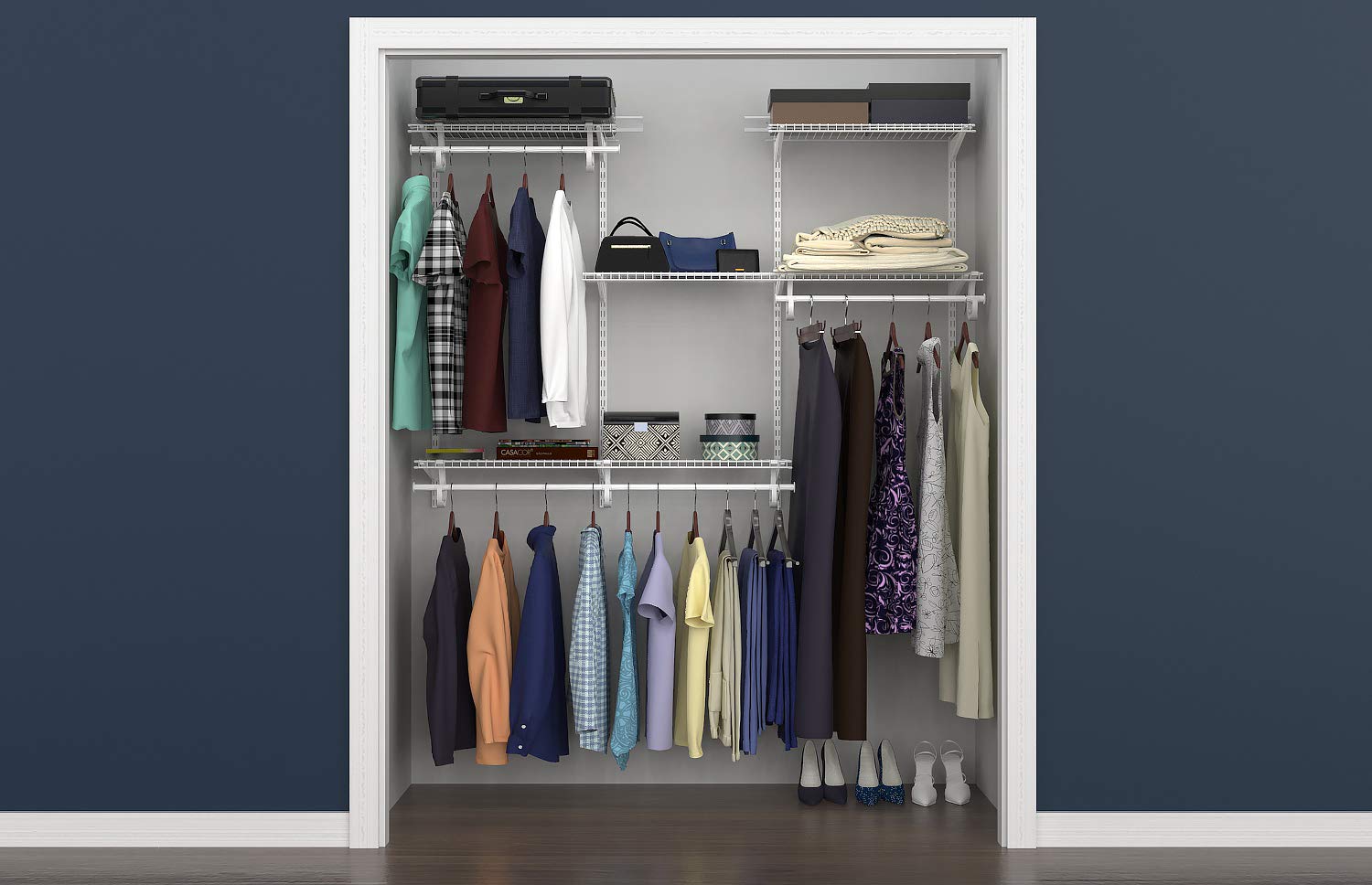 ClosetMaid Adjustable Wire Closet Organizer System 4-6 Feet with Shelves & Clothes Rods - Durable Steel Closet Storage Solution for Bedroom, Walk-in Closet or Pantry Organization (White)