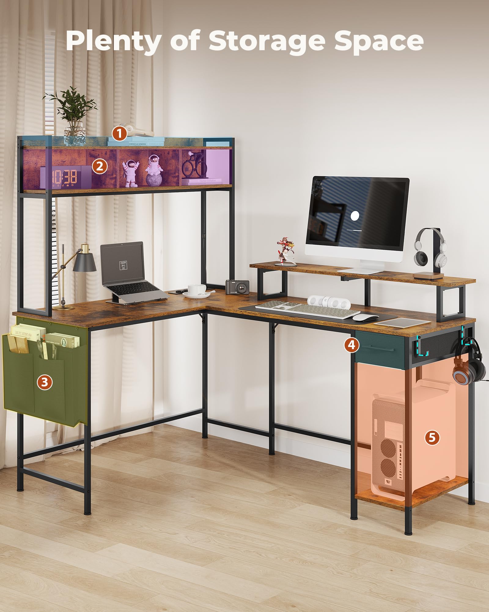 KIMENICH Reversible L-Shaped Corner Gaming Desk with LED Lights & Power Outlet - Home Office PC Workstation with Storage Drawers & Hooks (Brown) | Perfect for Small Spaces, Gaming Setups & Remote Work