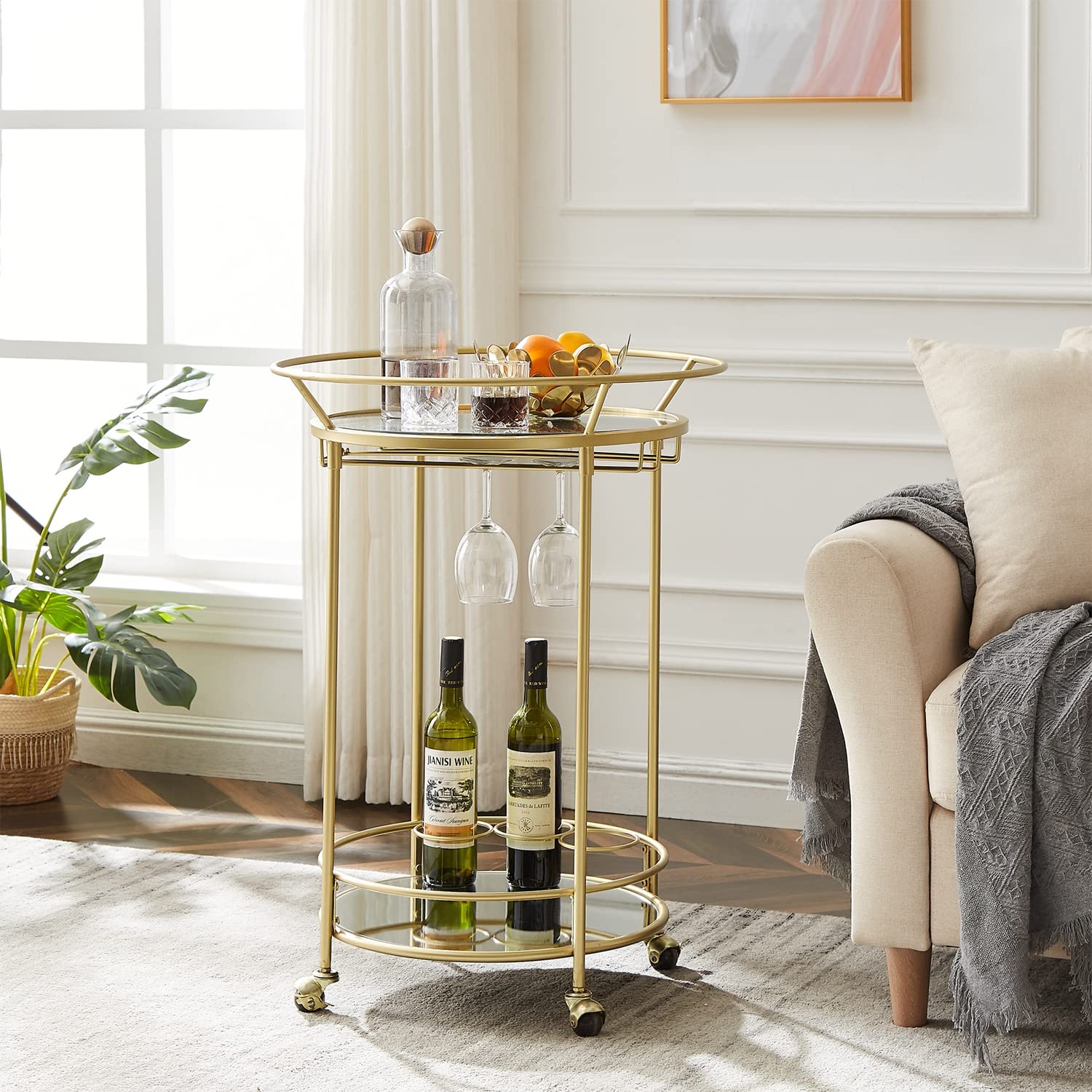 Gold Rolling Bar Cart with 2 Mirrored Shelves & Lockable Casters - FLORA Round Serving Cart for Wine, Kitchen, Living Room | Mobile Storage Solution for Parties, Home Decor & Entertaining