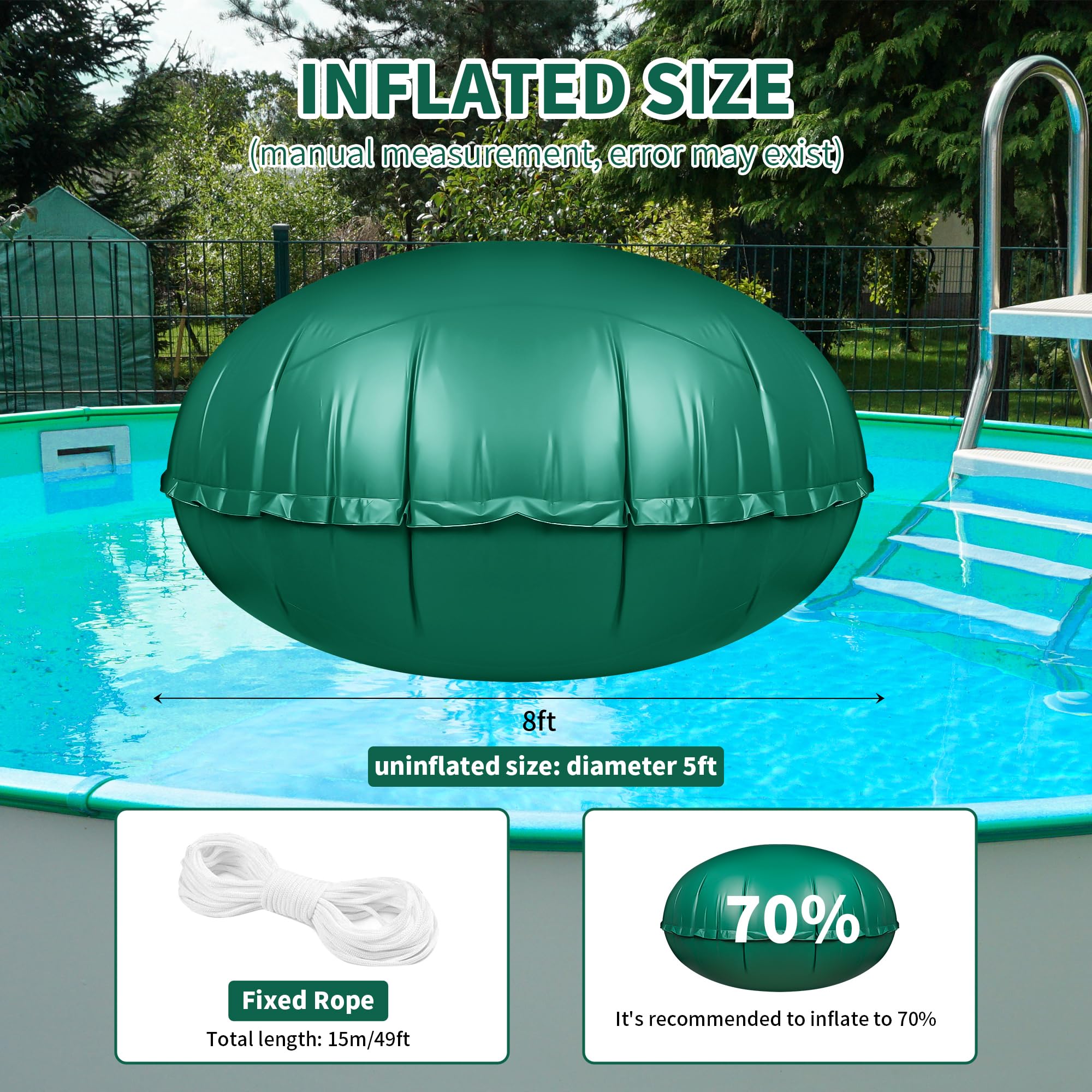 10Ft Round Pool Air Pillow for Above Ground Pools - 0.5mm PVC Winterizing Pillow with 2X 16.5Ft Ropes (Green) - Essential for Winter Pool Cover Support & Freeze Protection