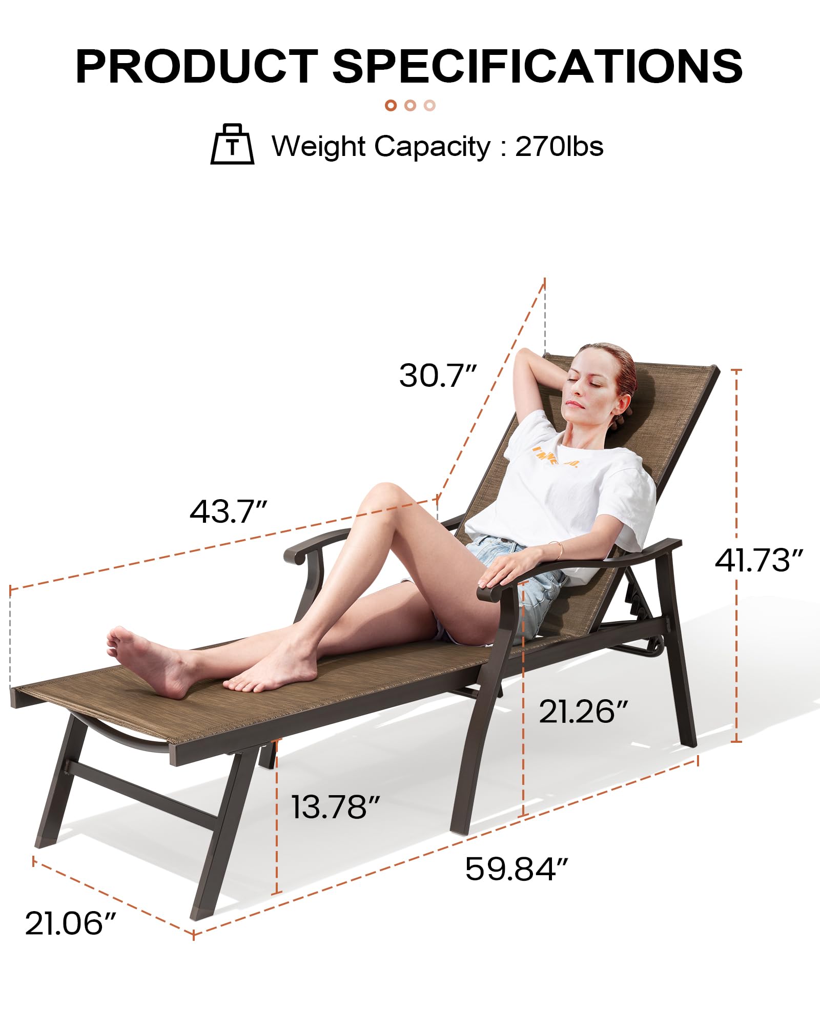 Crestlive 3-Piece Aluminum Chaise Lounge Set - 5-Position Adjustable Patio Recliners, All-Weather Outdoor Lounge Chairs for Poolside, Beach, Backyard & Garden (Brown) - Perfect for Sunbathing, Relaxing & Outdoor Entertaining