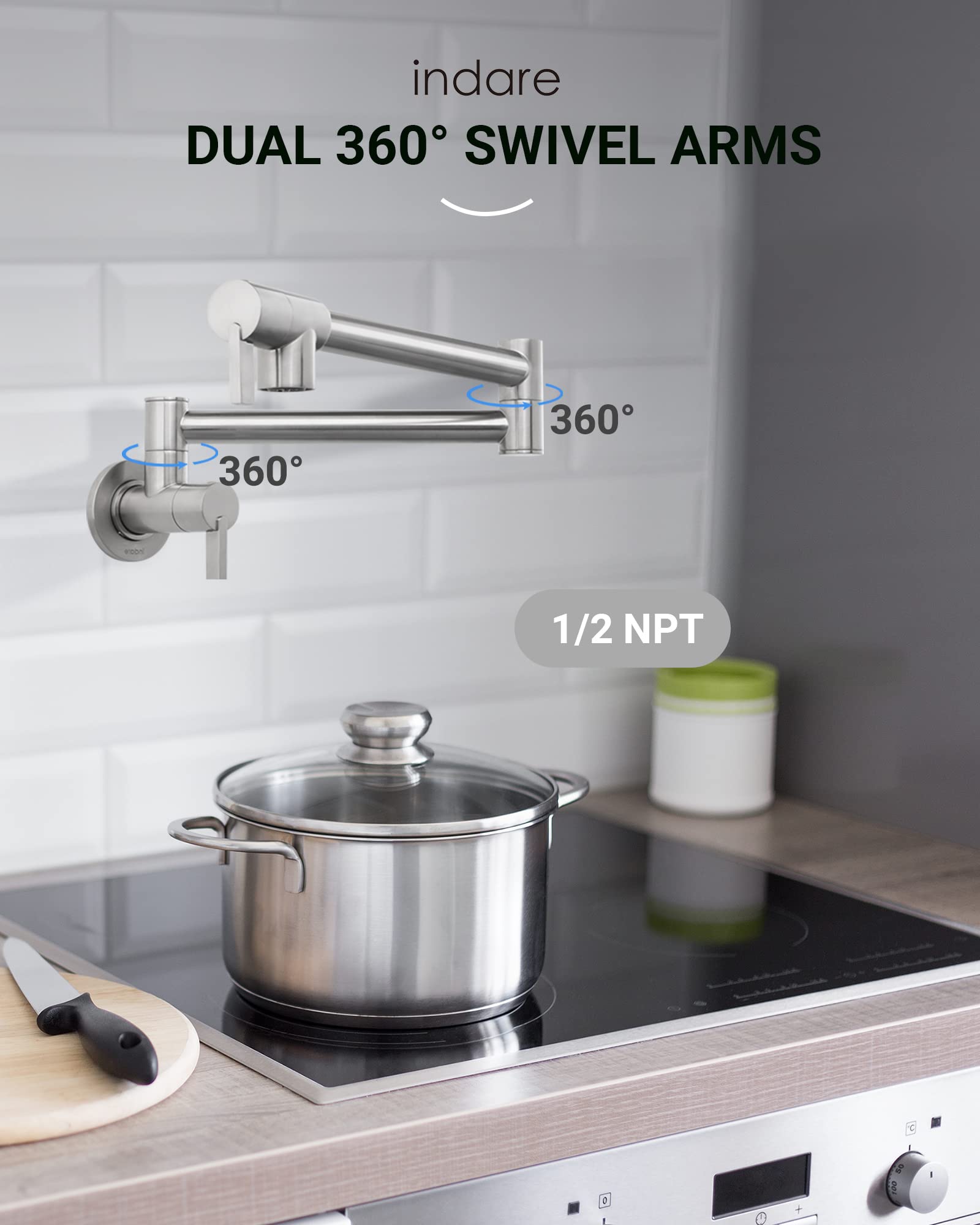 Brass Wall Mounted Pot Filler Faucet with Double Joint Swing Arms - Foldable Kitchen Faucet for Easy Pot Filling Near Stove (Ideal for Cooking, Soup Making & Large Batch Meal Prep)