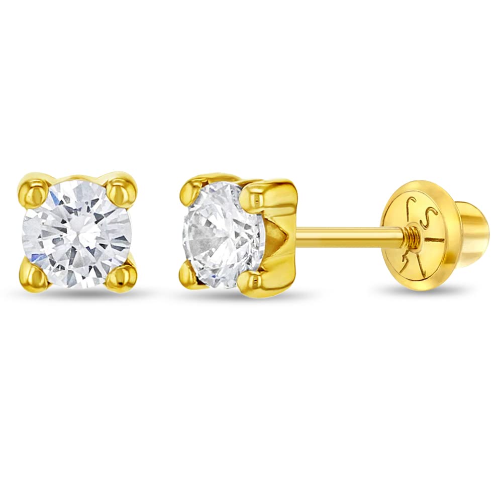 14K Yellow Gold 2mm, 3mm, 5mm Cubic Zirconia Prong Set Screw Back Stud Earrings for Baby Girls - Hypoallergenic Simulated Birthstone CZ Earrings for Infants & Toddlers - Perfect for Birthday Gifts, Christening, Baptism & Special Occasions
