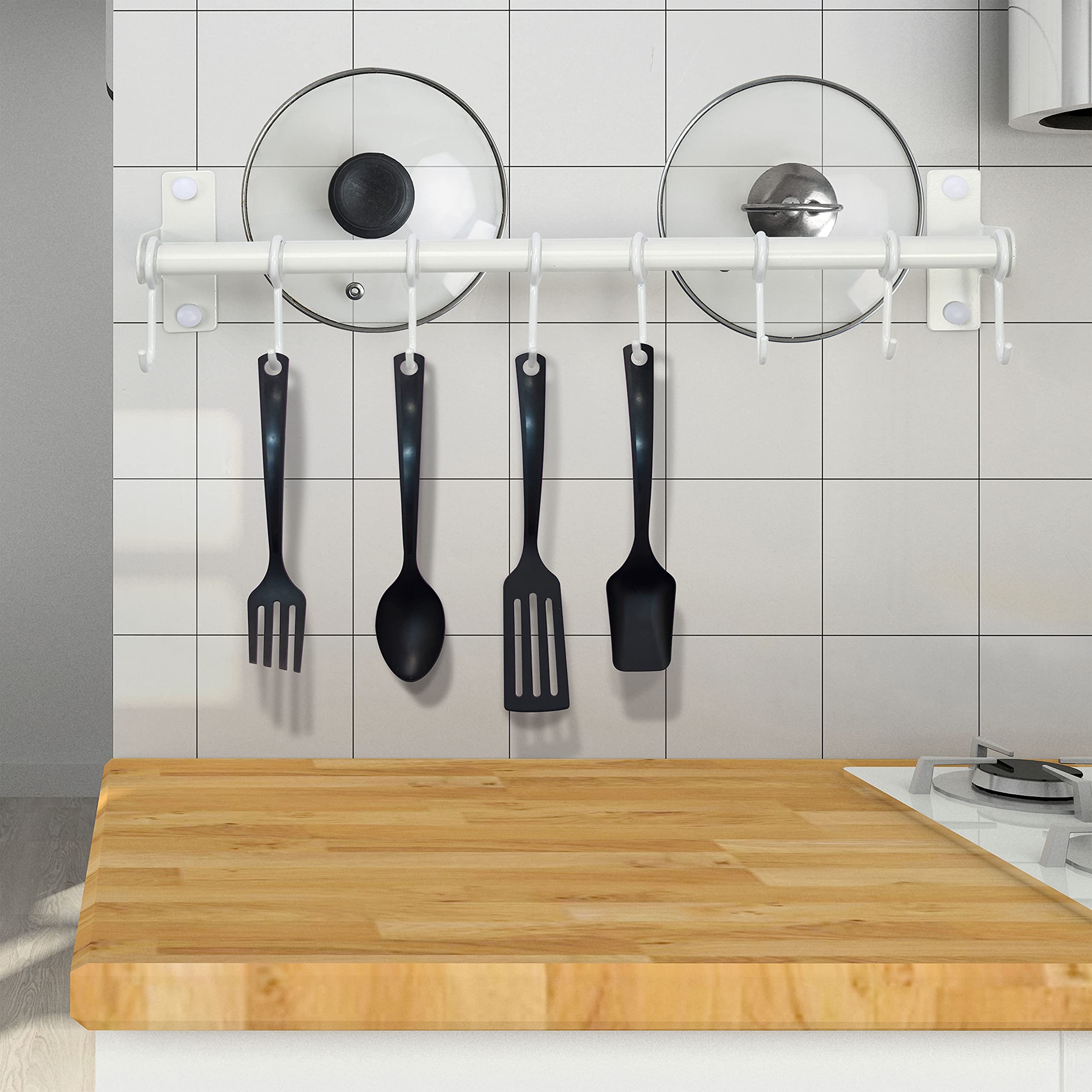 Dseap Wall Mounted Pot and Pan Hanging Rack - Double Bar Kitchen Organizer with 8 Hooks, White - Perfect for Small Kitchens, RVs, and Apartments to Save Space