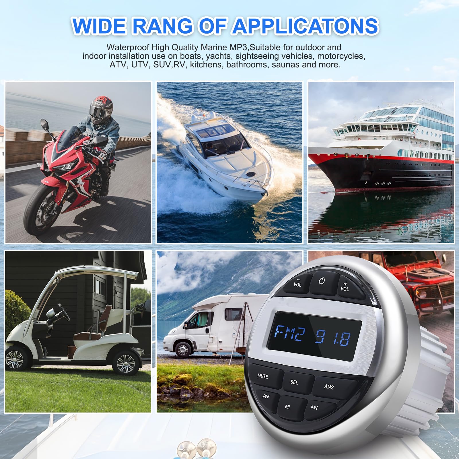 Geloo Marine Stereo Receiver - Waterproof Boat Audio System with Digital Media MP3 Player, Wireless Bluetooth, USB, AM/FM Radio | Perfect for Boats, Motorcycles, Golf Carts & Trucks | Enjoy Music on Water & Outdoor Adventures