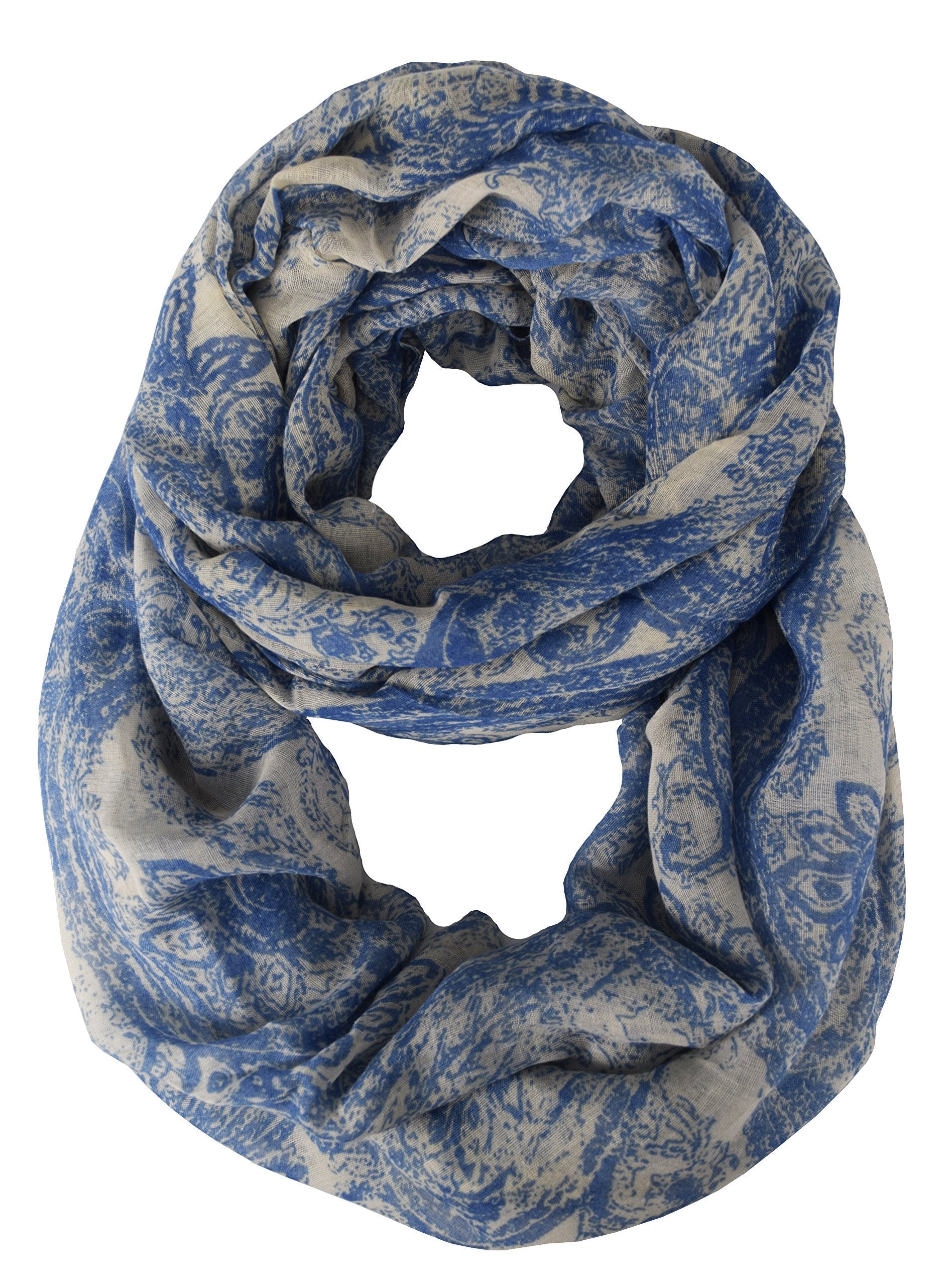 White & Periwinkle Peach Couture Sunflower Paisley Print Infinity Loop Scarf - Stylish Women's Fashion Accessory for Fall, Winter & Spring Outfits