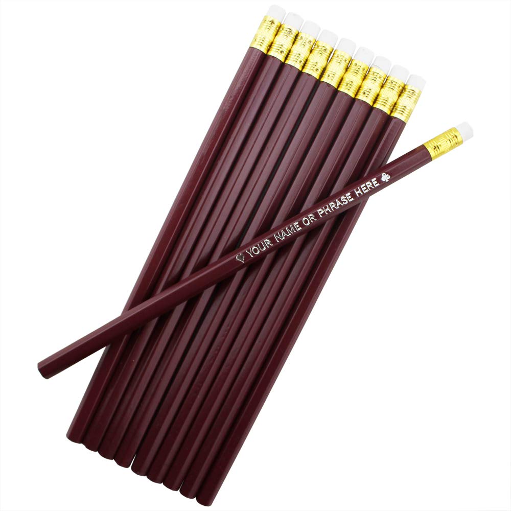 Personalized Hexagon Pencils with Heart, Club, Diamond, Spade & Star Designs - Maroon 2HB Black Lead - 800 Pack for School, Office & Gifts - FREE Customization