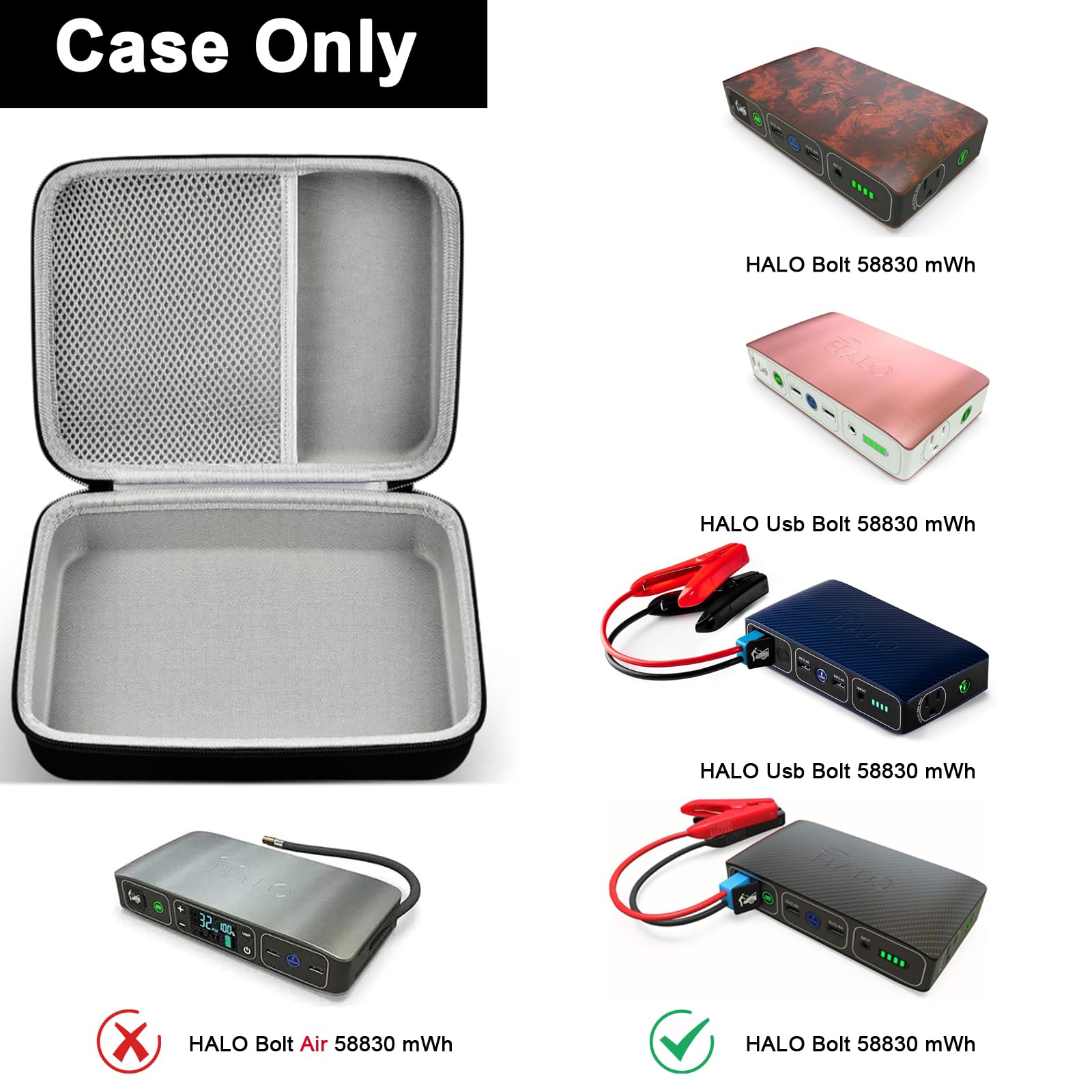 Halo Bolt Portable Car Battery Jump Starter Case - Compatible with 58830/44400/57720 mWh Charger & Power Bank Holder for Halo Power Station 100 - AC Outlet Accessory (Excludes Halo Bolt Air) - Perfect for Road Trips, Emergency Power & Outdoor Adventures