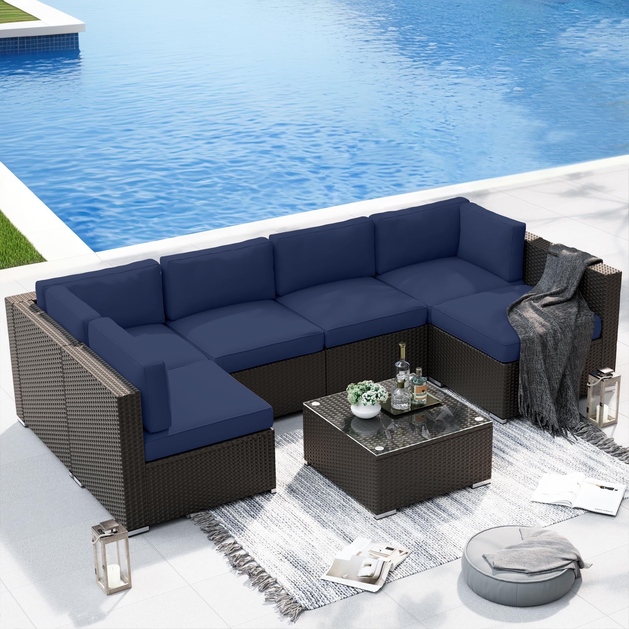 SOLAURA 7-Piece Outdoor Patio Furniture Set - Black/Brown Wicker Rattan Sectional Sofa with Coffee Table, Navy Blue Cushions - Perfect for Backyard, Poolside & Garden Relaxation