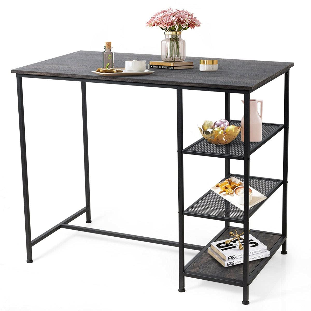 Iron Frame Pub Table with 3 Open Storage Shelves - Bar Counter Dining Desk for Kitchen, Office & Living Room - Perfect for Storing Cutlery, Laptop Work & Casual Dining