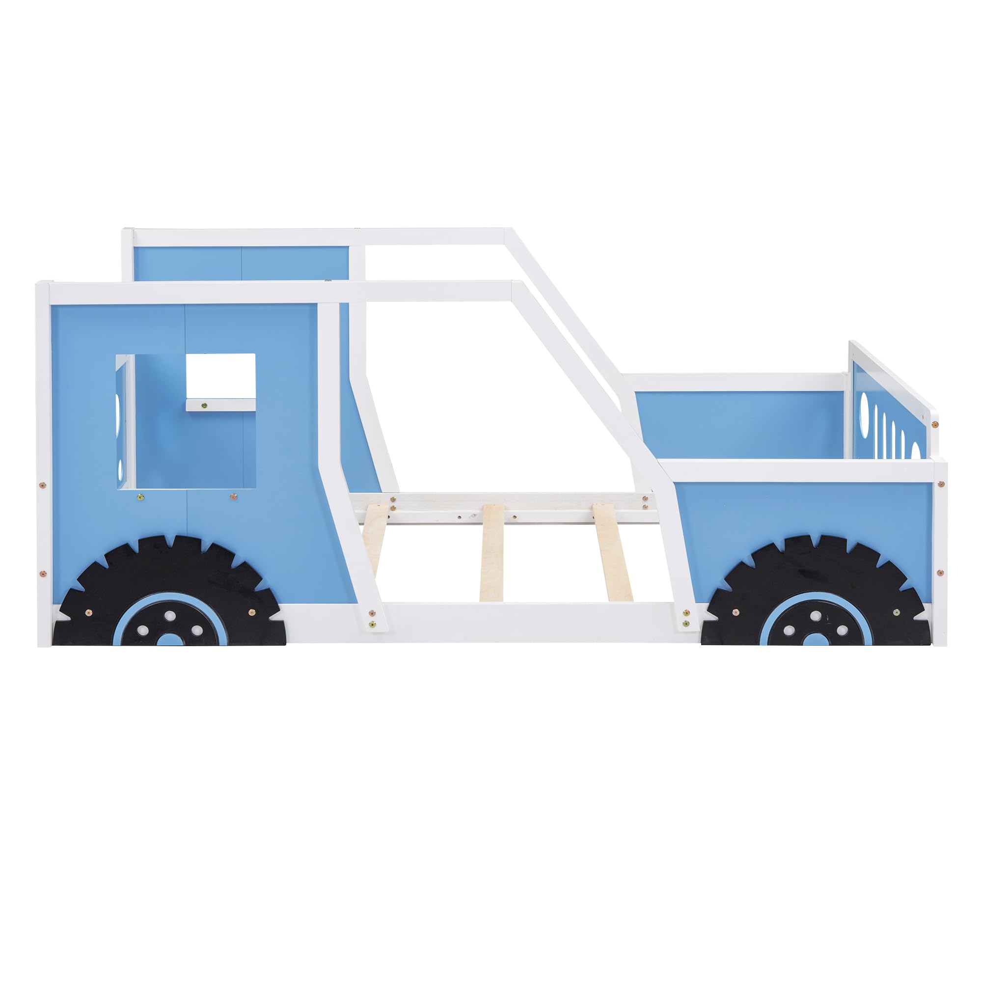 Wooden Twin Size Car-Shaped Floor Bed with Wheels, Doors & Windows - Sturdy Slat Support Platform Bed for Kids Boys & Girls (Blue) - Perfect for Playrooms, Bedrooms & Themed Kids' Spaces