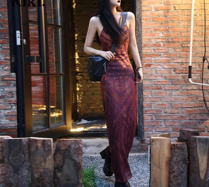 Sexy Abstract Brown Print Mesh Summer Dress for Women - Spaghetti Strap V-Neck Backless Maxi Dress | Perfect for Beach Vacations, Date Nights & Summer Parties 2024