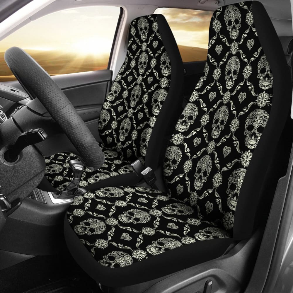 2 Pcs Floral Sugar Skull Car Seat Covers - Day of The Dead Design for Front Seats - Perfect for Halloween, Dia de Los Muertos Celebrations & Car Decorations