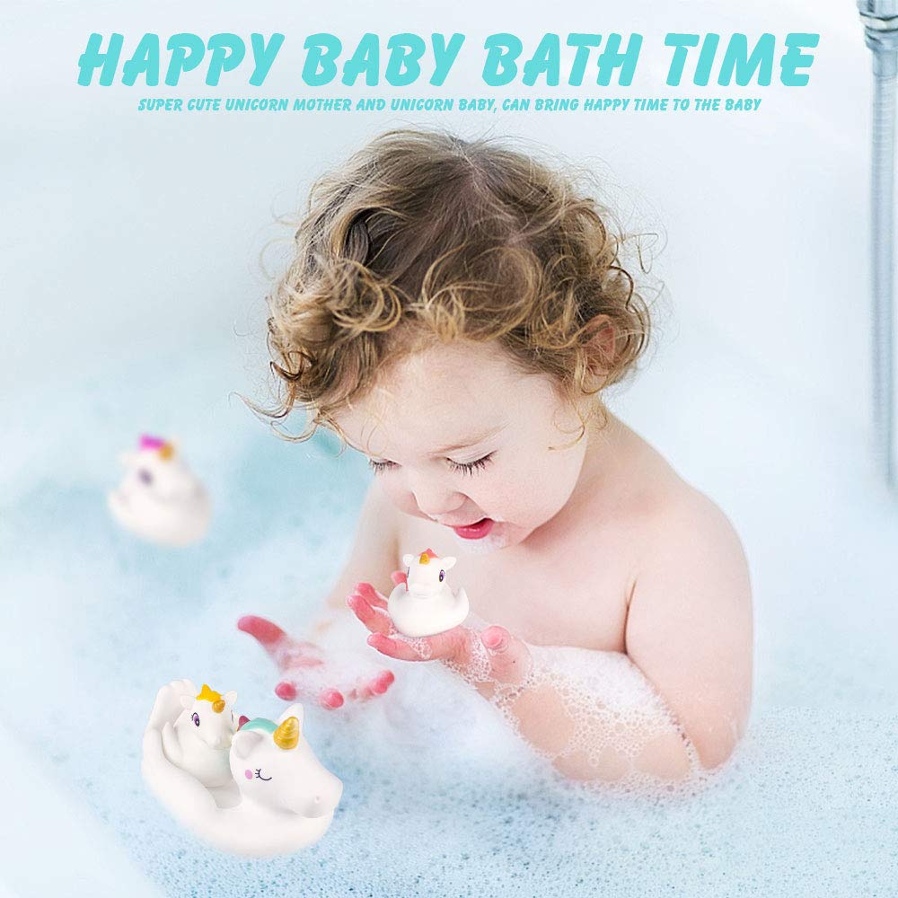 Woby Baby Bath Toys - Cute Unicorn Spray & Floating Bathtub Squirt Toys for Toddlers (6-12 Months) | Safe Rubber Bathroom Toys for Infants & Girls | 4-Piece Gift Set | Perfect for Sensory Play & Bathtime Fun