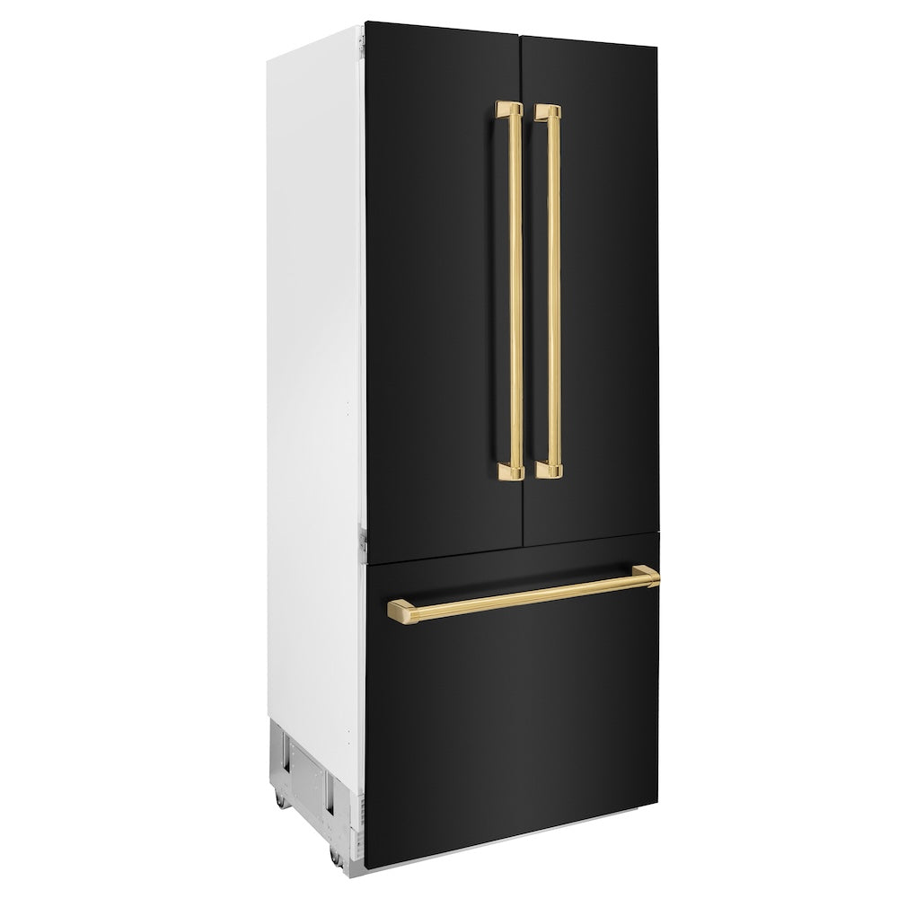 ZLINE Autograph Edition 36 Inch 19.6 Cu Ft French Door Built-In Bottom Freezer Refrigerator with Water Dispenser & Ice Maker - Black Stainless Steel with Polished Gold Accents (RBIVZ BS 36 G) - Perfect for Modern Kitchens & Luxury Homes