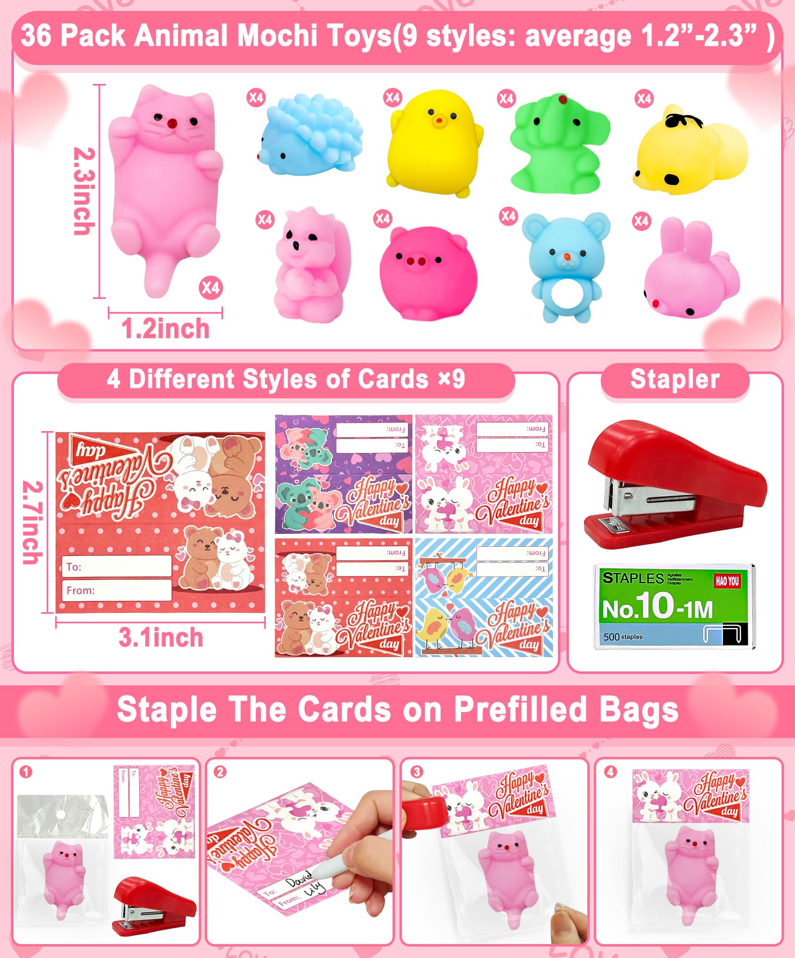 36 Pack Valentine's Day Cards for Kids with Cute Animal Mochi Squishies - Classroom Exchange Gifts, Party Favors & Stress Relief Toys for Boys and Girls - Perfect for Valentine's Day Celebrations, School Activities and Sensory Play