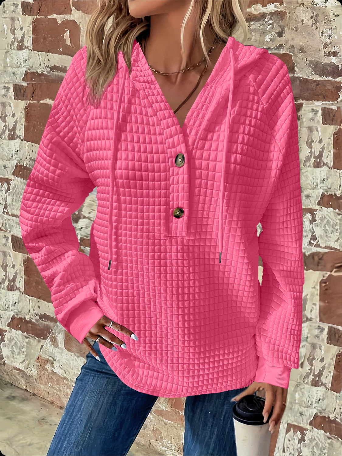Full Size Textured Button Detail Drawstring Long Sleeve Hoodie for Men & Women - Cozy Casual Wear for Fall Winter Outdoor Activities