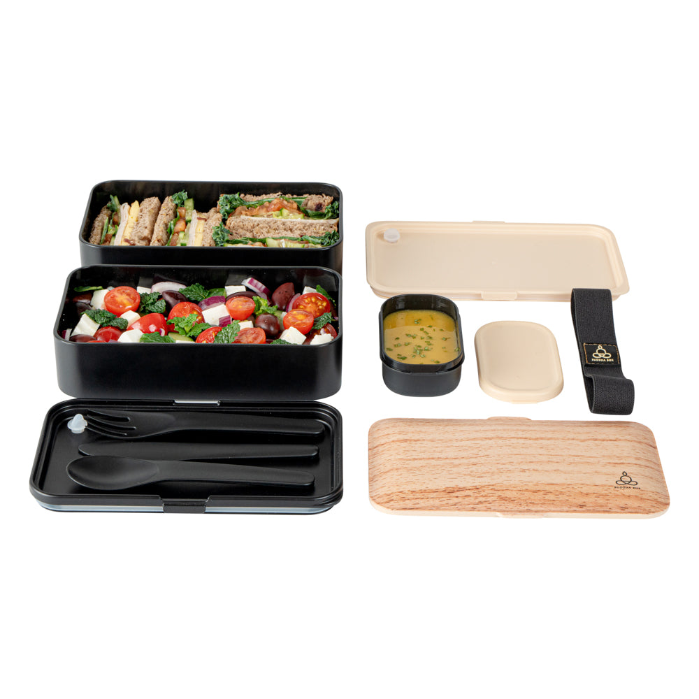 Bento Tek 41oz Wood Grain & Black Buddha Lunch Box with Utensils & Sauce Cup - 7.25