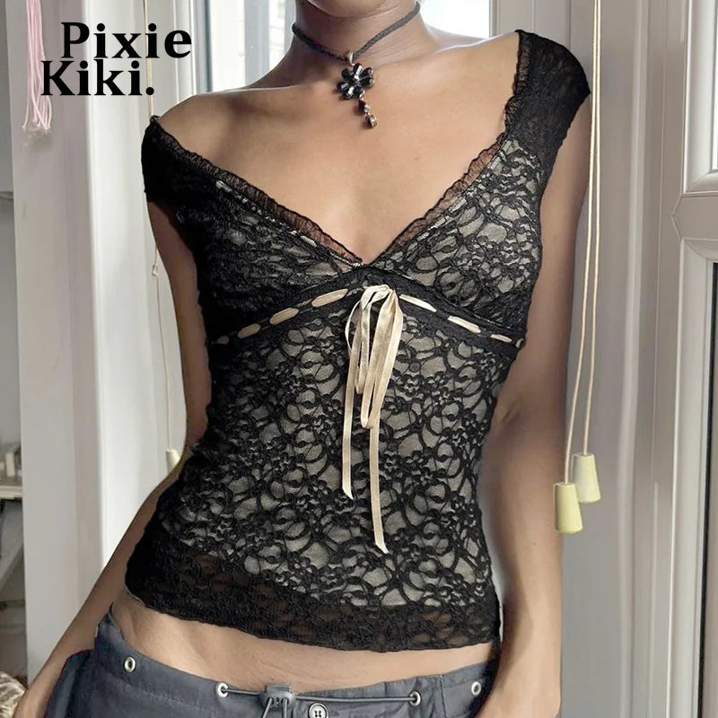 Sexy Black Lace Crop Top for Women - Y2K V-Neck Low Cut Backless Sleeveless T-Shirt | 2000s Vintage Fashion | Perfect for Summer 2024, Parties & Night Out