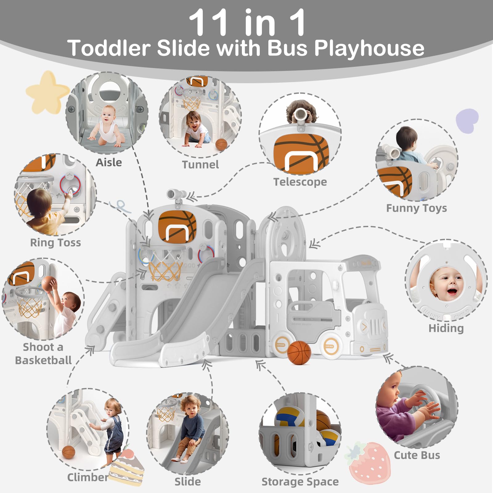 10-in-1 Toddler Slide Outdoor Playset with Bus Playhouse, Telescope & Basketball Hoop - Freestanding Kids Slide for Indoor/Outdoor Play - Perfect for Ages 1-3 Years (Grey) - Great for Backyards, Daycares & Preschool Play Areas