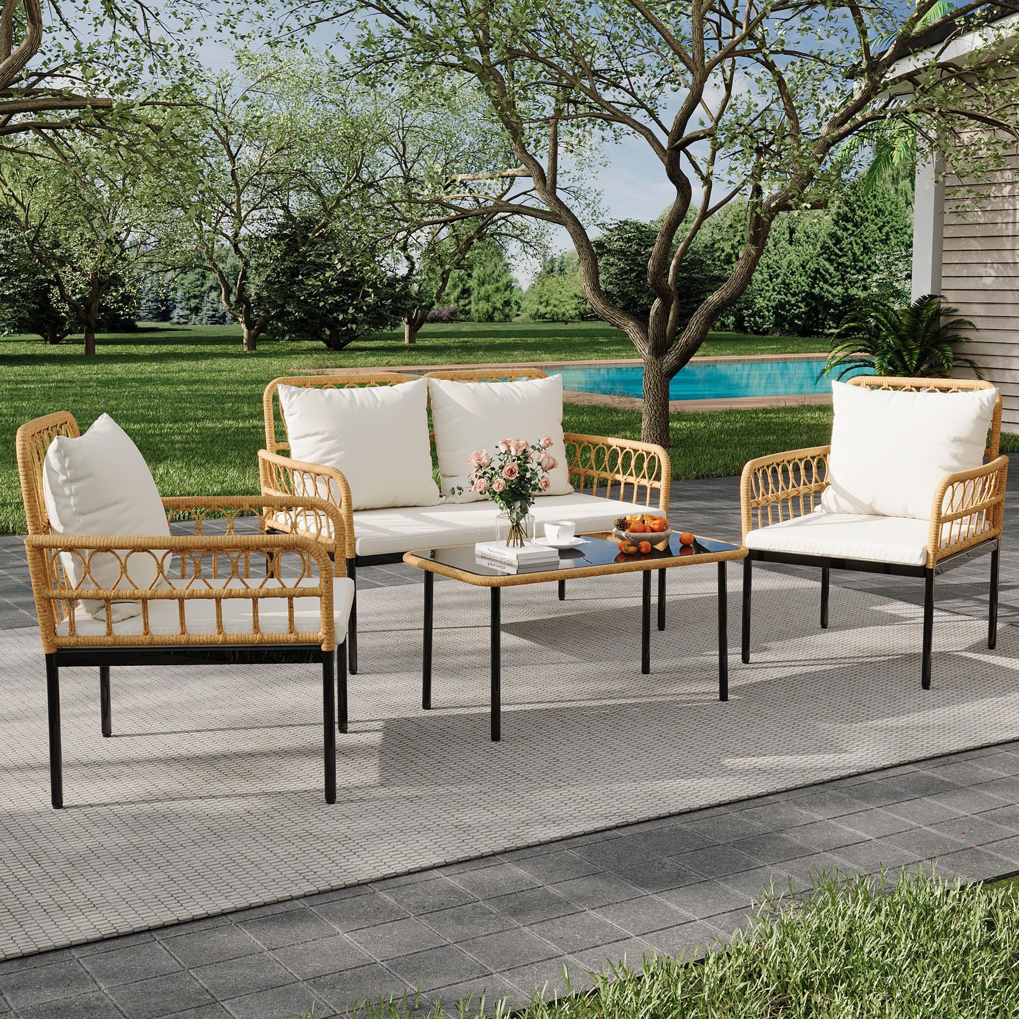 GARVEE 4-Piece All-Weather Wicker Patio Bistro Set with Glass Top Coffee Table, Loveseat & 2 Armchairs - Includes Cushions - Boho Outdoor Furniture for Backyard, Garden, Balcony or Poolside - Beige