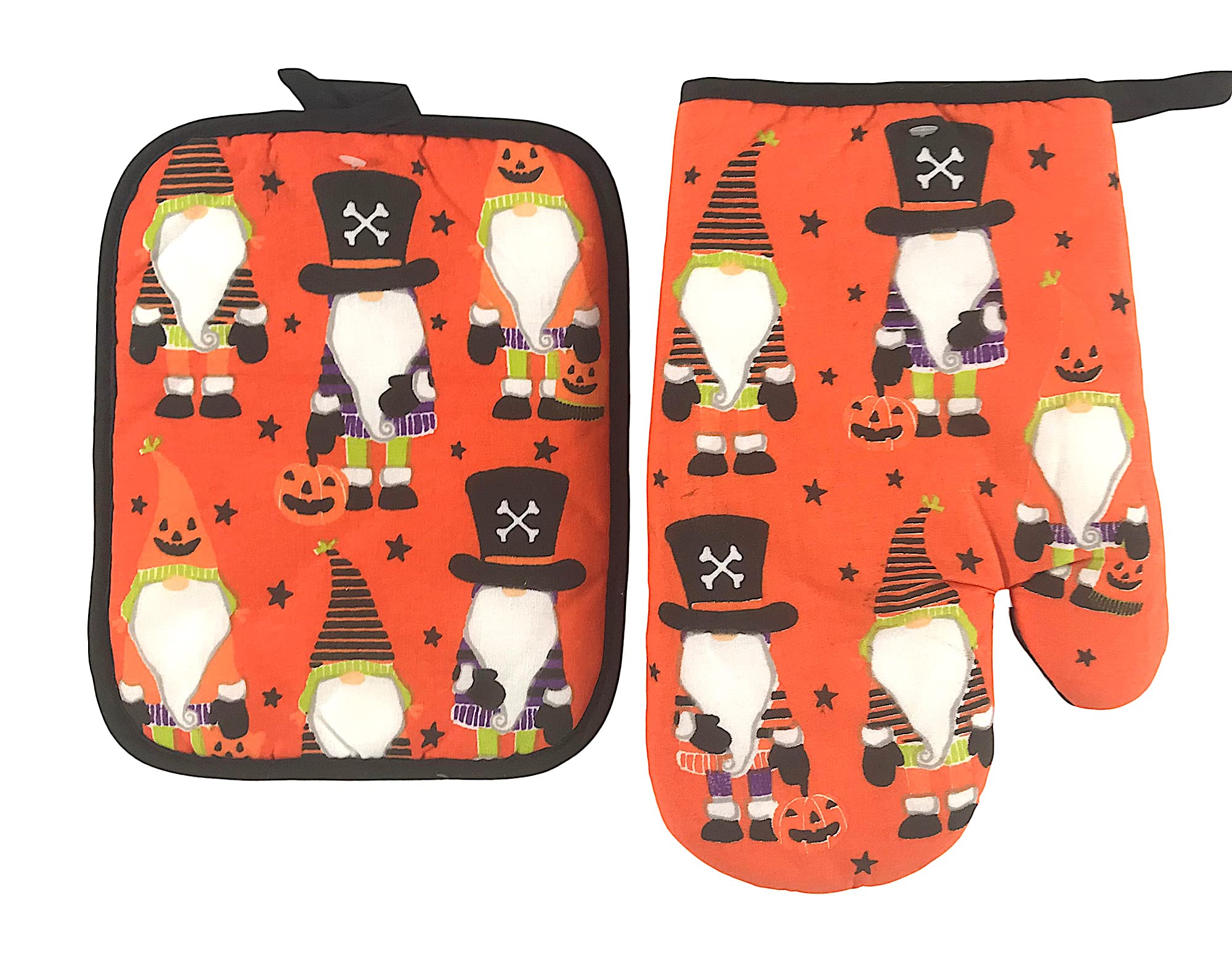 Halloween Gnome Kitchen Dish Towels and Pot Holders Set - 100% Cotton 5-Piece Set (Orange, Black, Green, Purple) - Cute Trick or Treat Themed Kitchen Accessories for Halloween Decor and Cooking