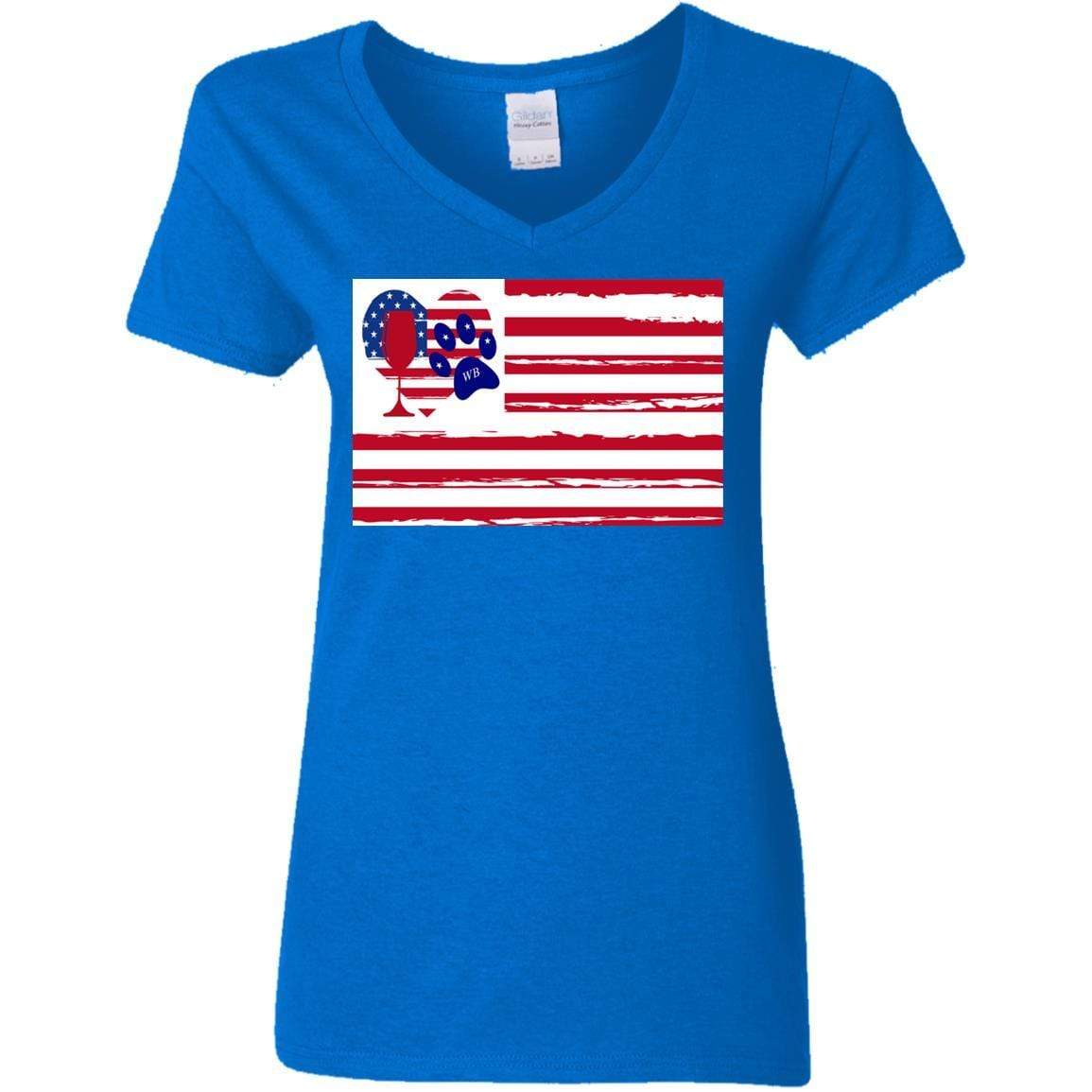 American Flag Wine Paw Heart V-Neck T-Shirt for Women - 5.3 oz Soft Cotton Ladies Tee - Perfect for Patriotic Events, Wine Lovers & Pet Owners