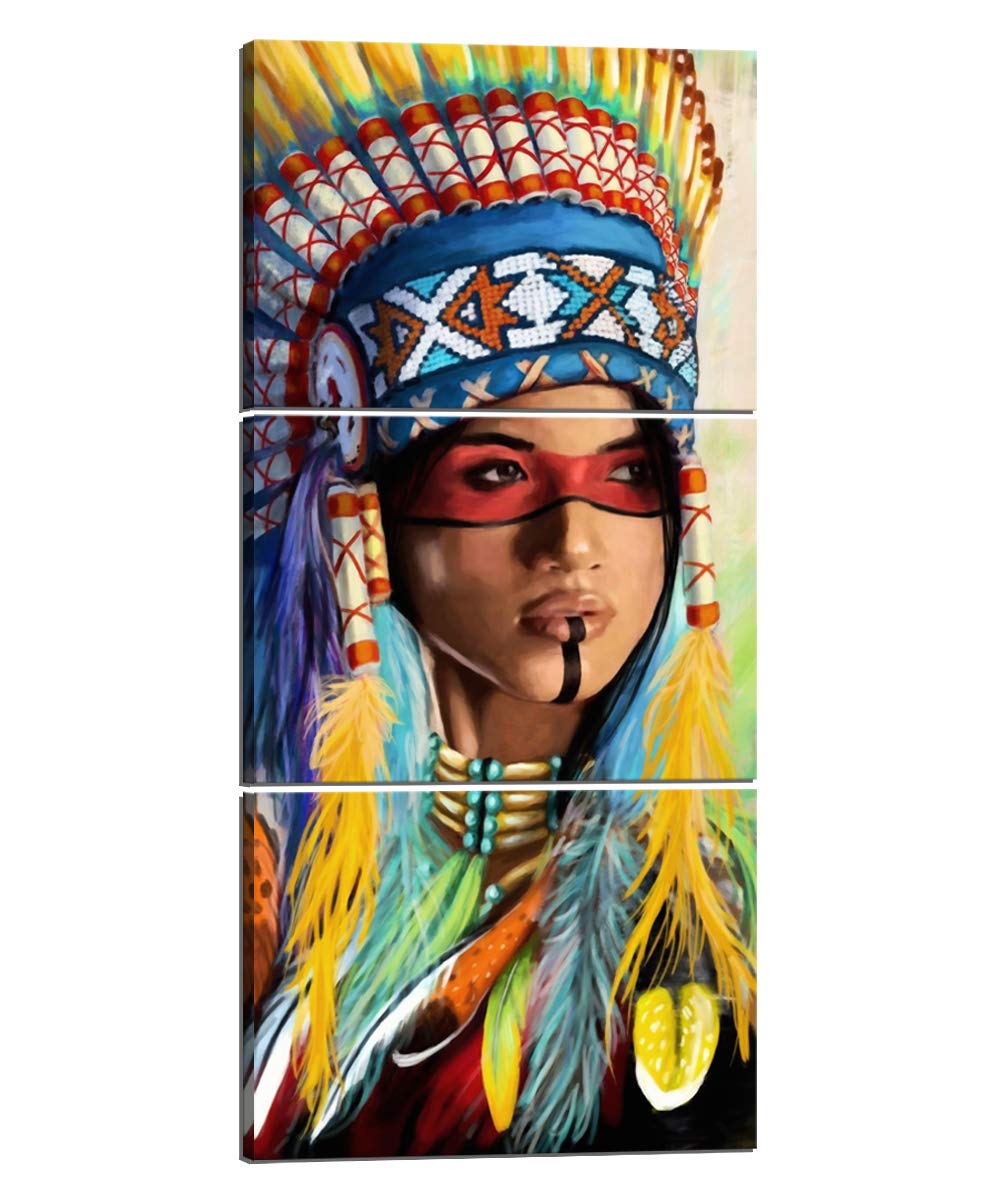 Native American Girl Canvas Wall Art - 3-Piece Framed Painting for Living Room Decor
