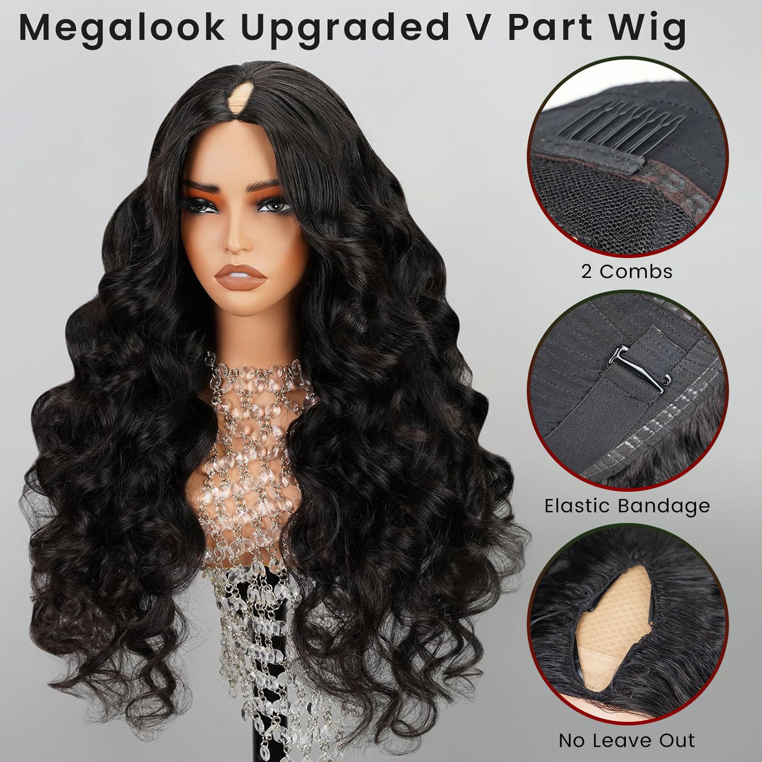 MEGALOOK V Part Human Hair Wig - Body Wave Glueless Clip-in Wig for Beginners | No-Sew No Glue U Part Wig | 180% Density Natural Color 24 Inch | Perfect for Daily Wear, Parties & Special Occasions