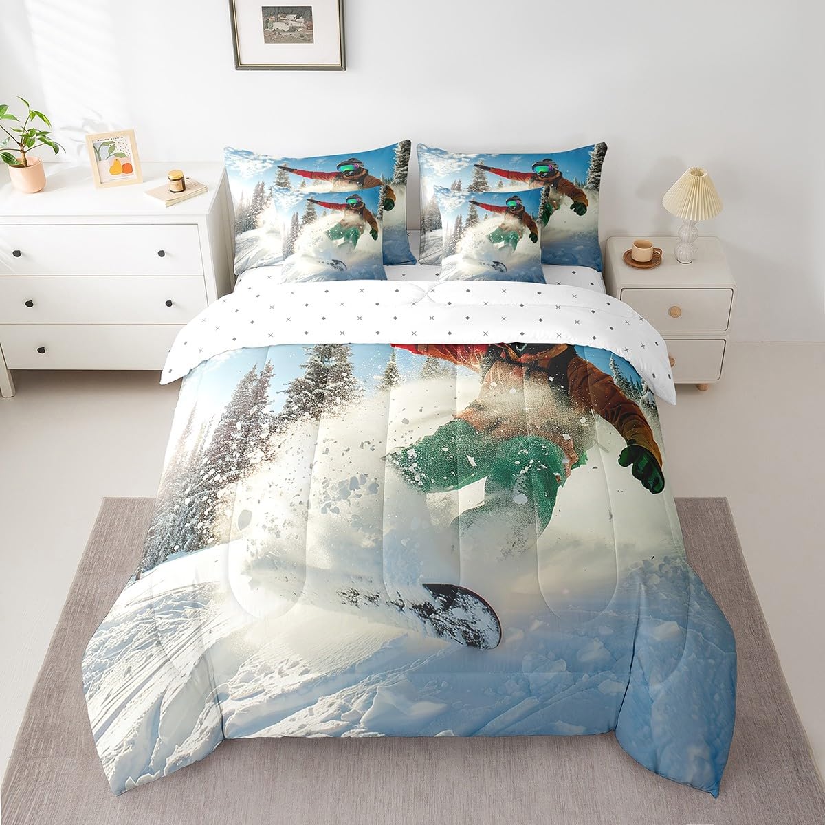Feelyou Skiing 7-Piece Queen Bedding Set - Ski Sports Comforter Set with Sheets, Pillowcases & Pillow Covers - Ultra Soft Breathable Bedding for Winter Sports Enthusiasts - Perfect for Ski Lodges, Cabin Retreats & Cozy Bedrooms