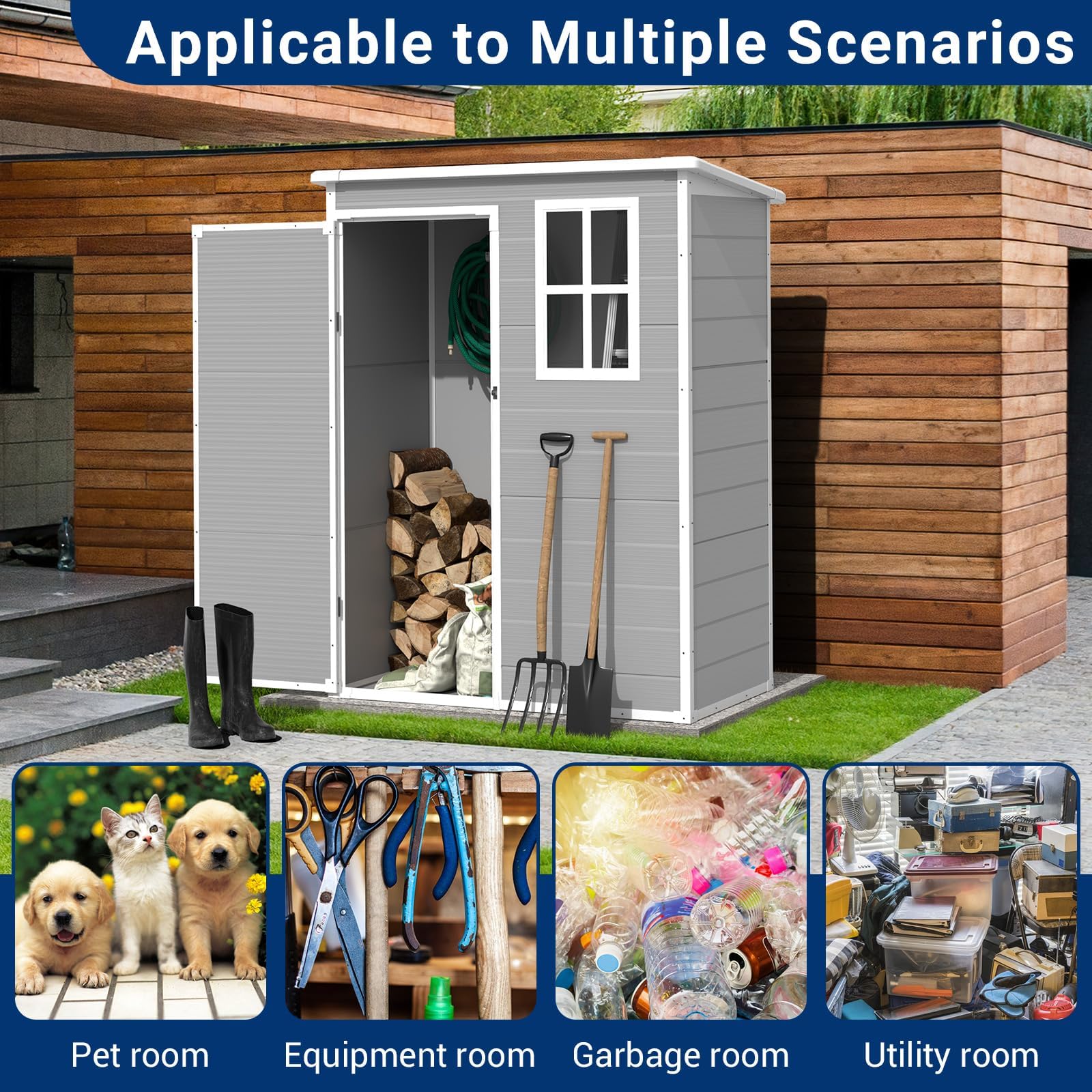 5x3FT Outdoor Storage Shed with Floor - Waterproof Plastic Tool Shed with Lockable Door & Window for Bike, Garbage Cans & Garden Accessories (Grey & White) - Perfect for Backyard, Patio & Garage Organization