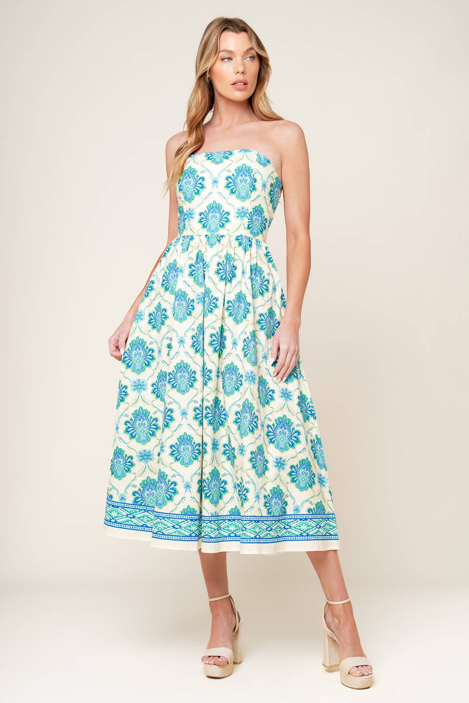 Elegant Strapless Midi Dress in Blue & Green - Perfect for Weddings, Parties & Summer Outings