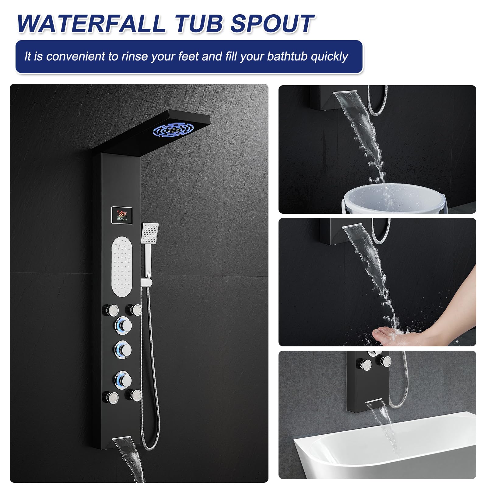 ROVATE LED Shower Panel Tower System - Hydroelectric LED Lights & Temperature Display, Black Shower Column with Rainfall & Mist Shower, 2 Body Jets, Handheld & Tub Spout | Perfect for Modern Bathroom Renovation & Spa-Like Shower Experience