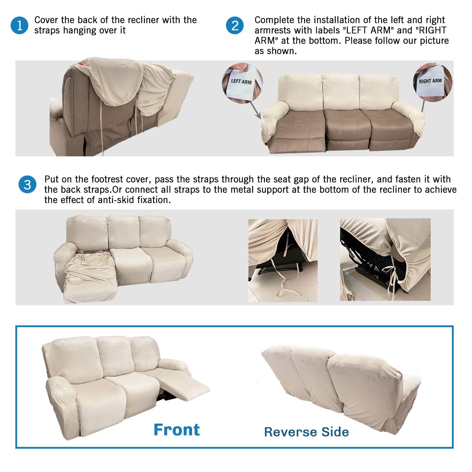 MAXIJIN 8-Piece Stretch Velvet Recliner Sofa Covers Set - Soft, Thick & Washable Slipcovers for 3-Cushion Reclining Couches (Dusty Blue) - Perfect for Living Room, Home Theater & Family Room Furniture Protection