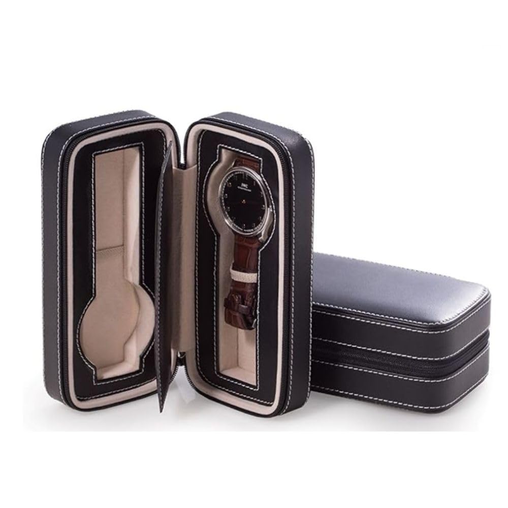 Bey-Berk Personalized Black Genuine Leather Watch Travel Case - Dual Watch Storage with Form-Fitting Compartments & Center Divider | Perfect for Business Trips, Vacations & Luxury Watch Organization